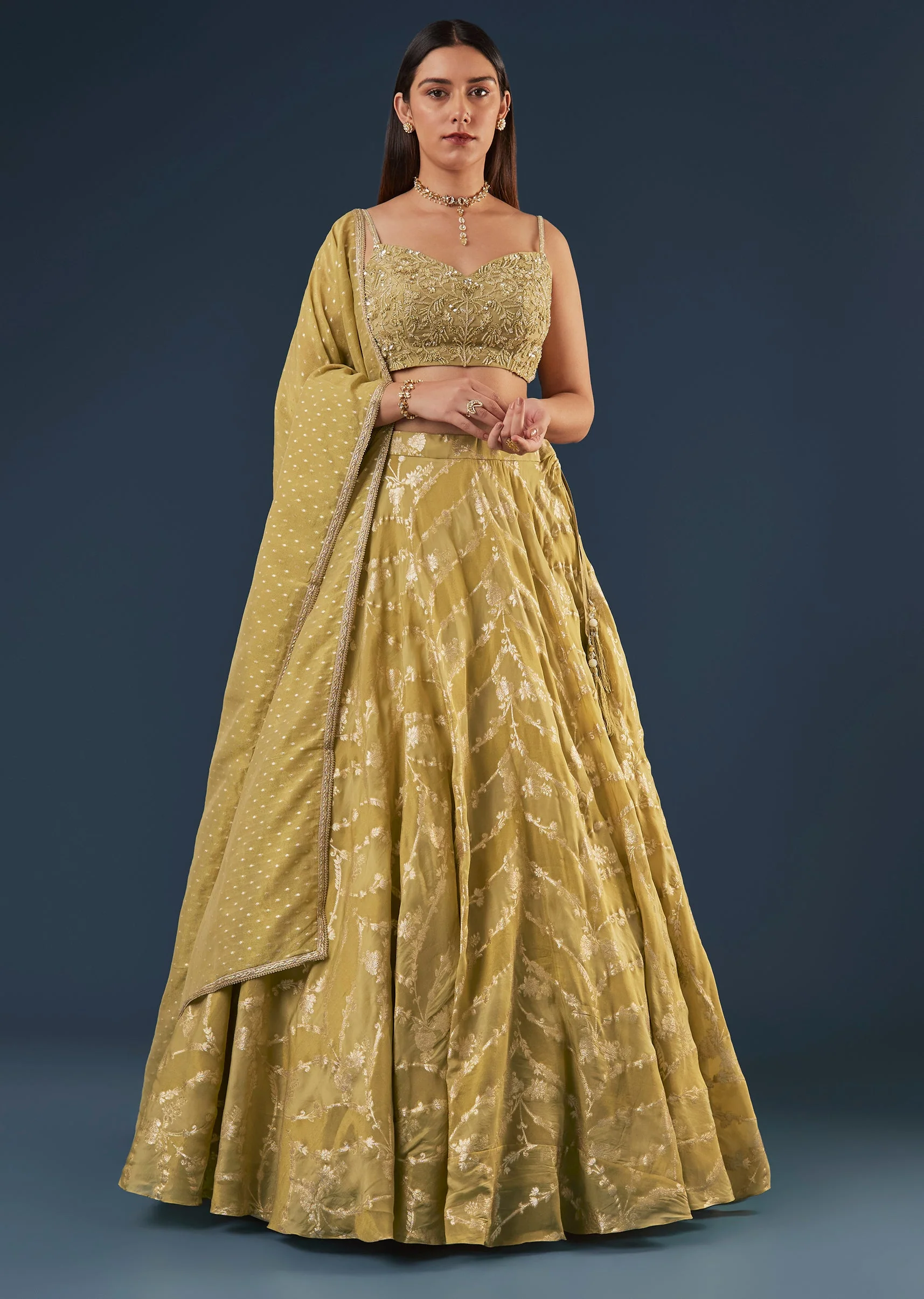 Citrus Green Banarasi Lehenga Set With Sequin And Lace Detailing