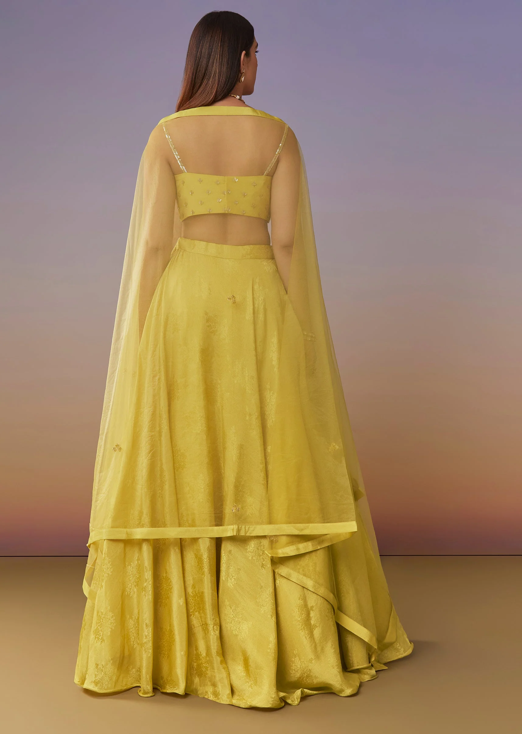 Lemon Yellow Banarasi Lehenga Set With Sequin And Lace Detailing