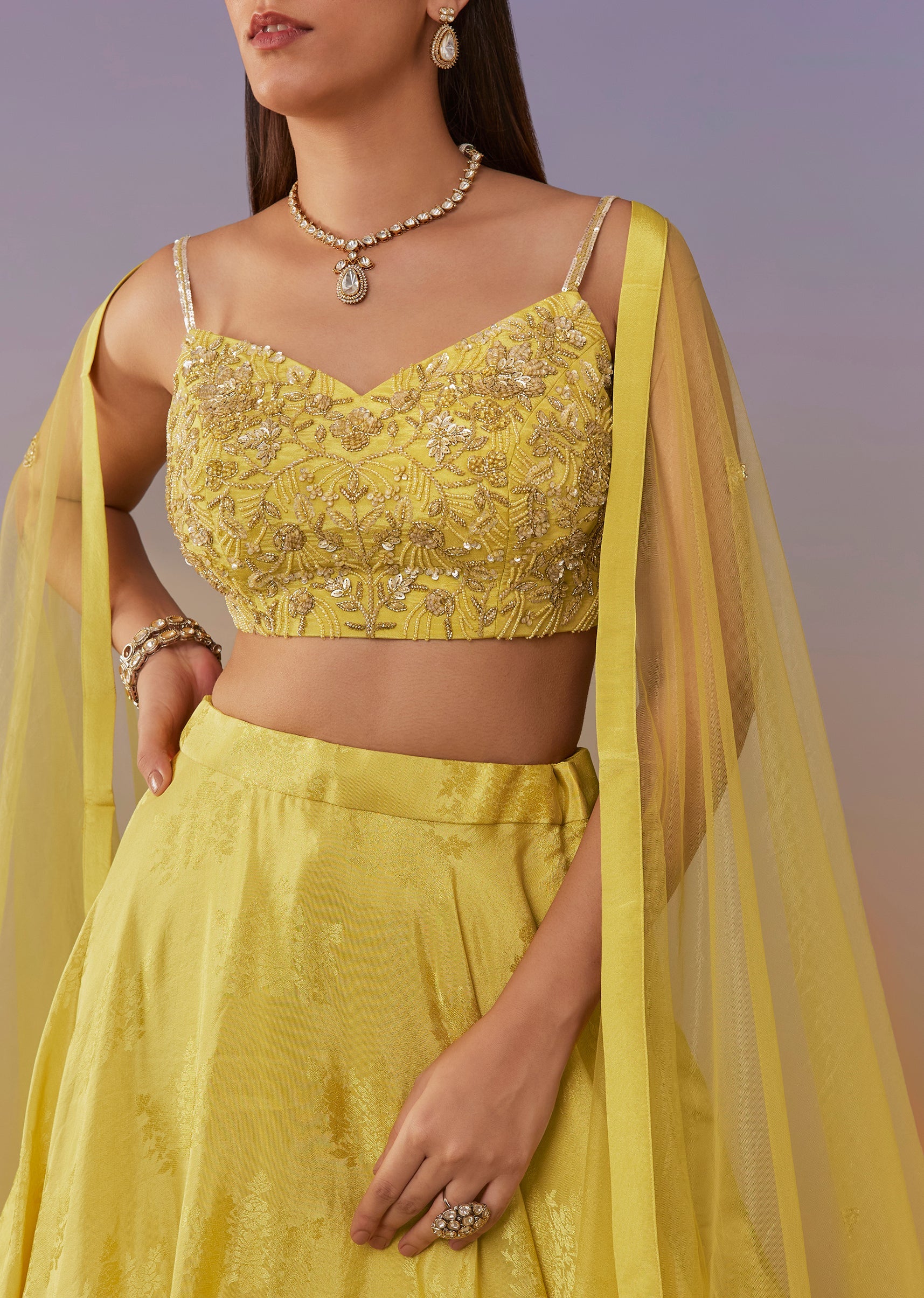 Lemon Yellow Banarasi Lehenga Set With Sequin And Lace Detailing