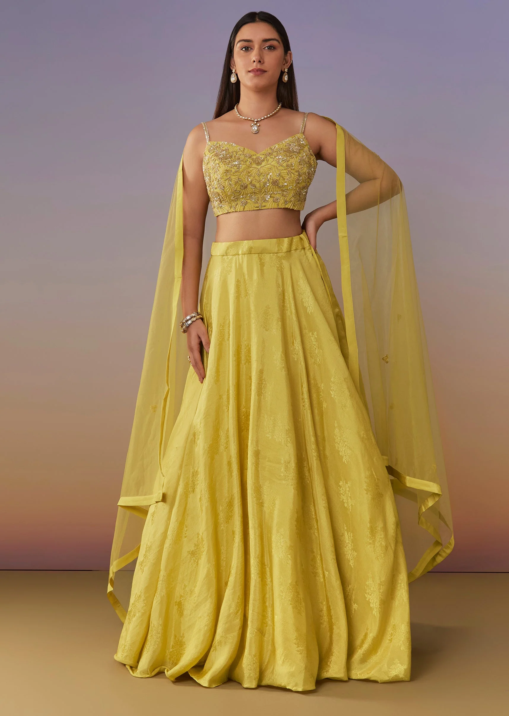 Lemon Yellow Banarasi Lehenga Set With Sequin And Lace Detailing