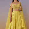 Lemon Yellow Banarasi Lehenga Set With Sequin And Lace Detailing
