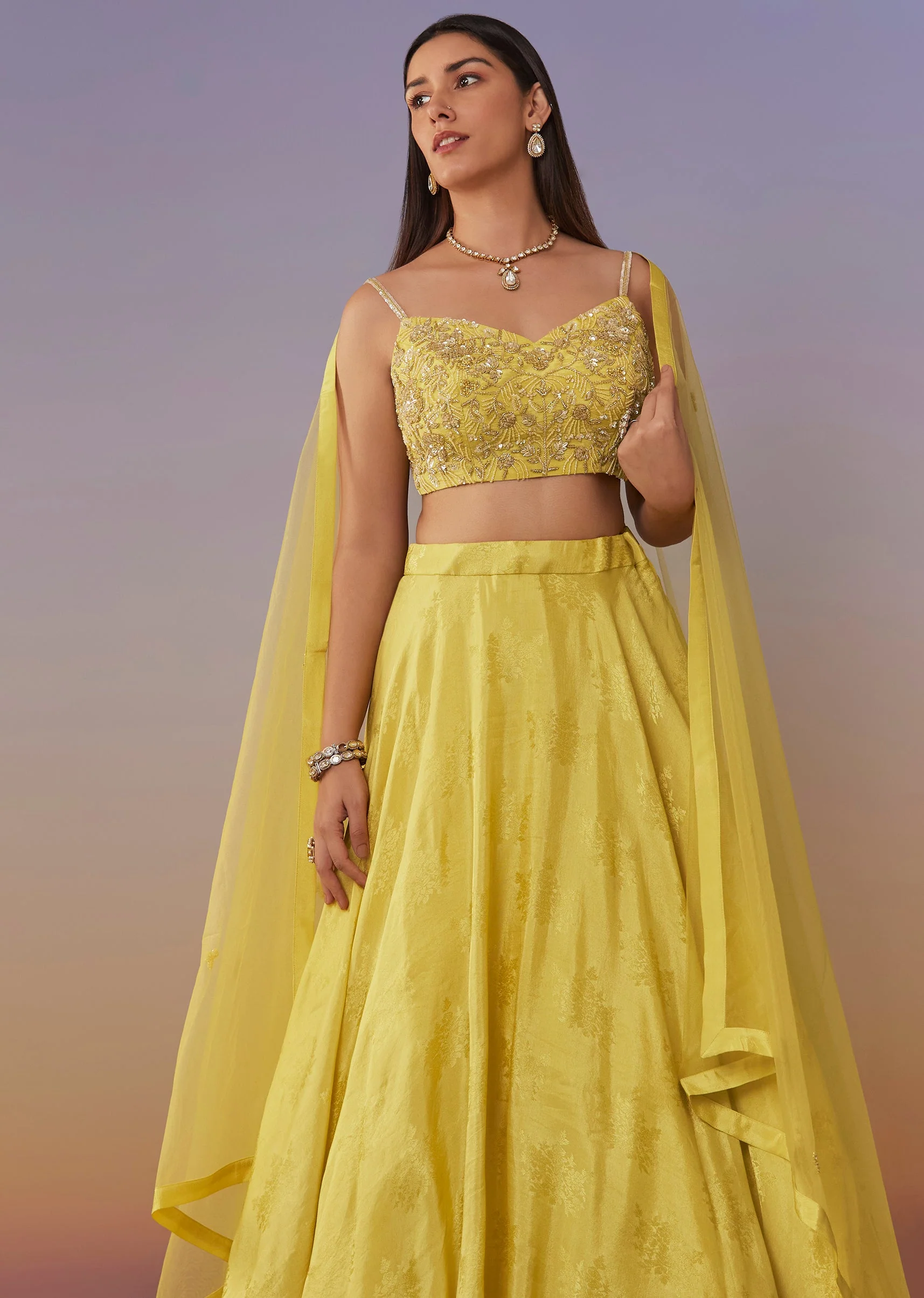 Lemon Yellow Banarasi Lehenga Set With Sequin And Lace Detailing