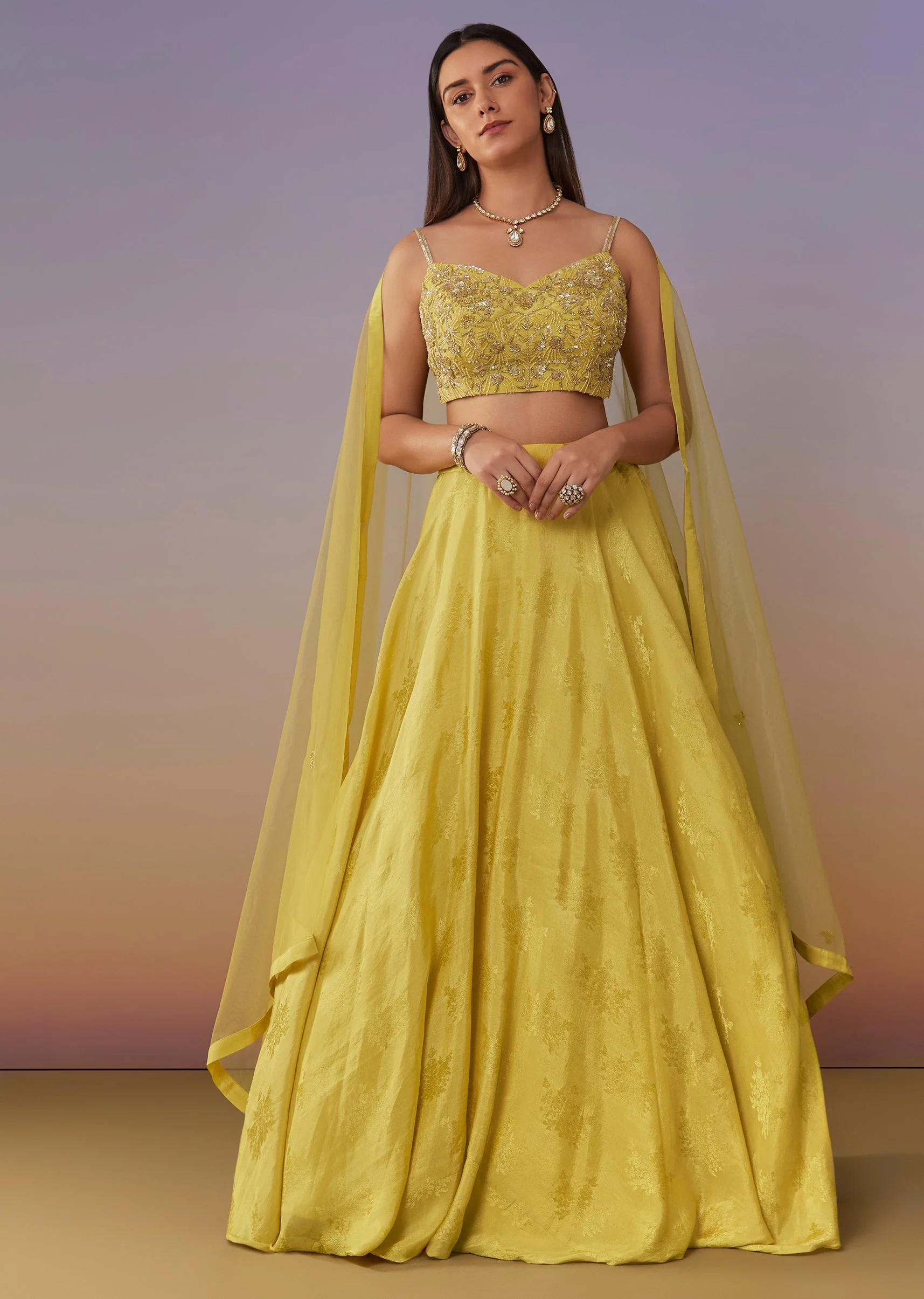 22189-us-0-us-0-variation-1.webp Lemon Yellow Banarasi Lehenga Set With Sequin And Lace Detailing