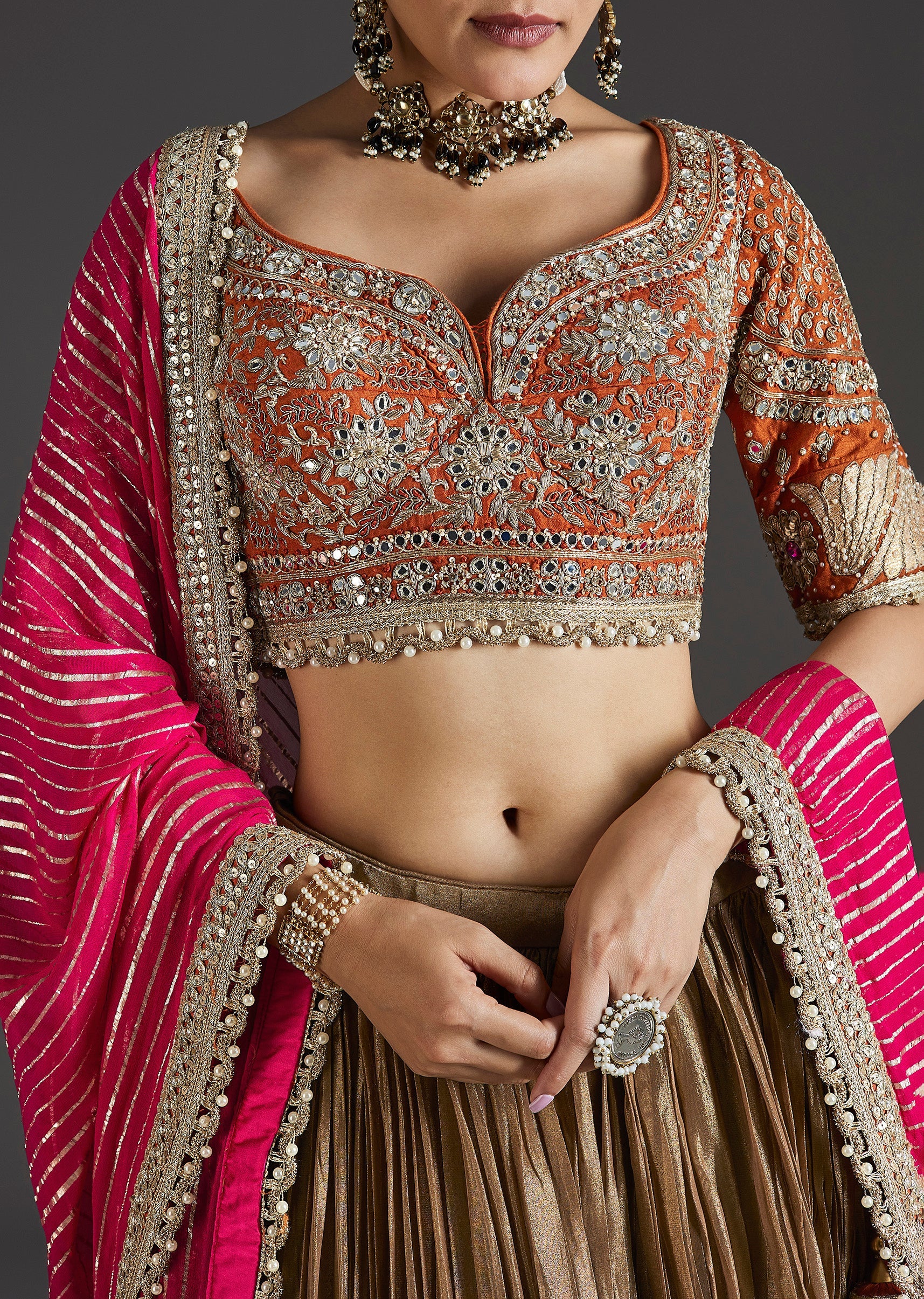 Gold Zardosi And Mirror Work Embroidered Lehenga