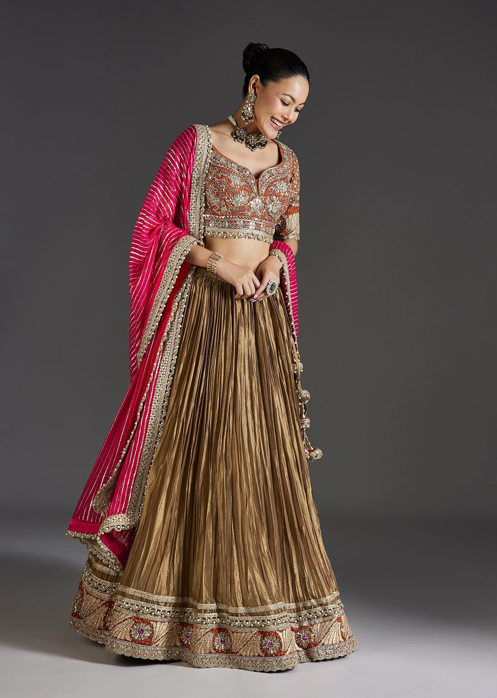 Gold Zardosi And Mirror Work Embroidered Lehenga
