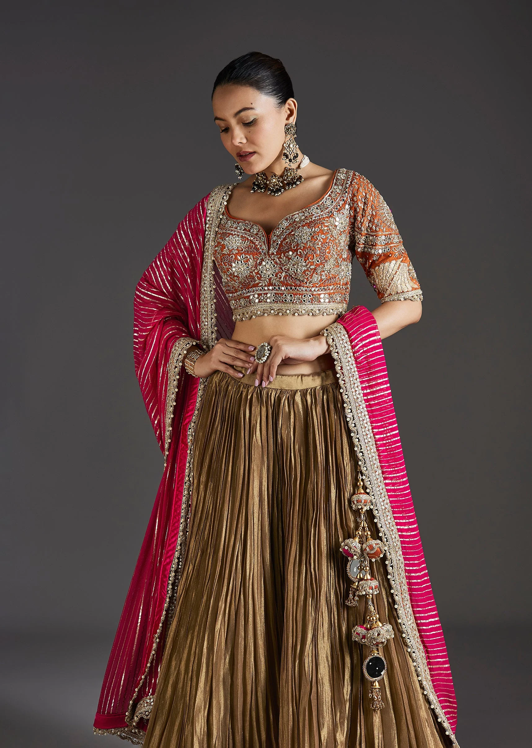 Gold Zardosi And Mirror Work Embroidered Lehenga