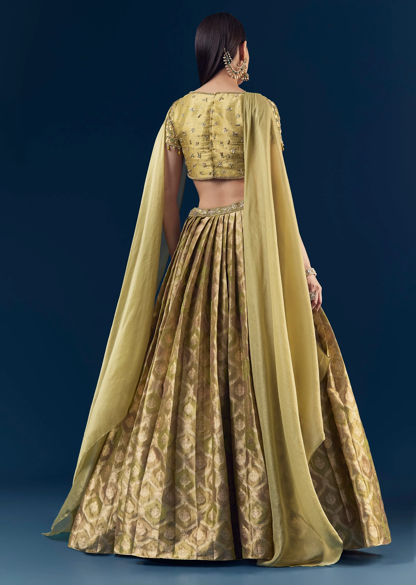 Green Hand Embroidered Banarasi Silk Bridesmaid Lehenga Set