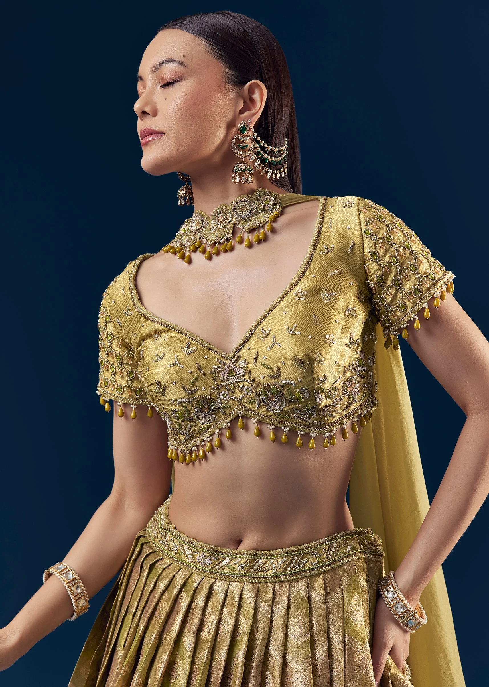 Green Hand Embroidered Banarasi Silk Bridesmaid Lehenga Set