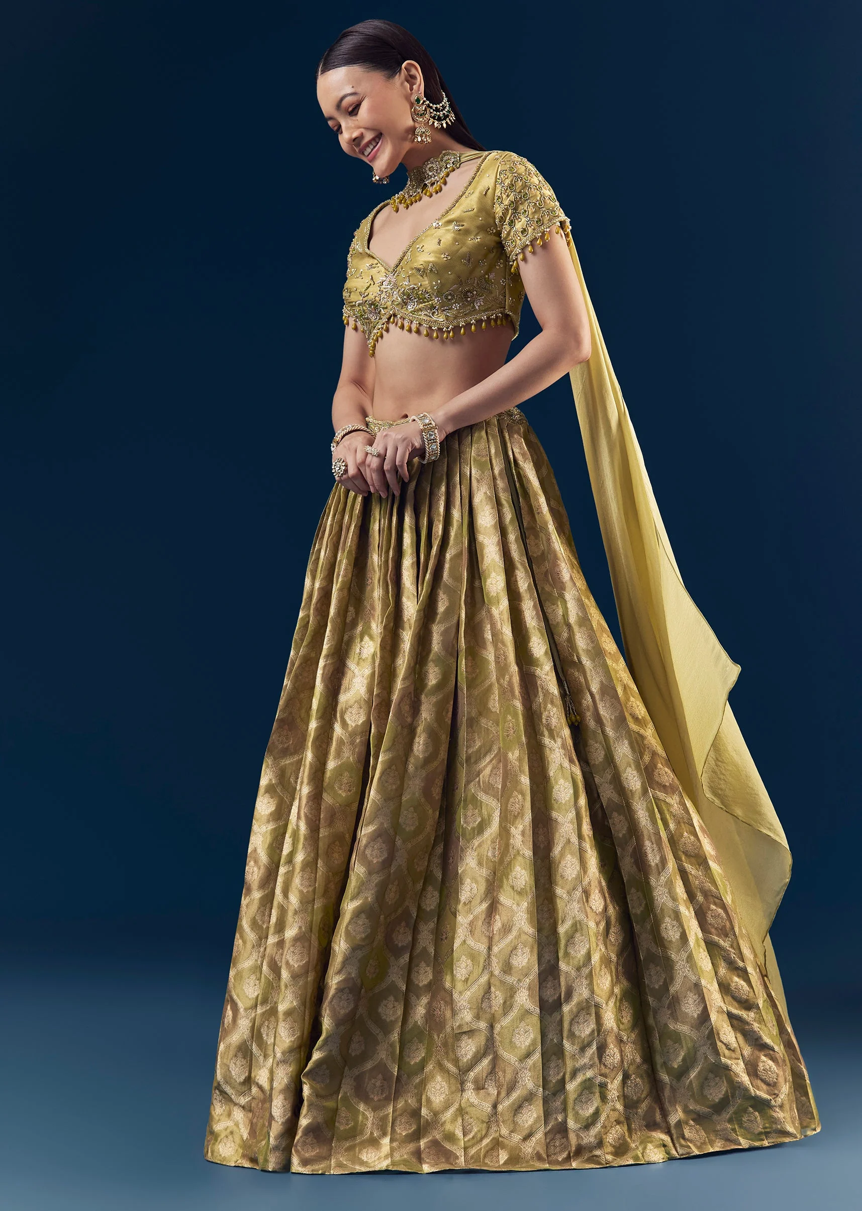 Green Hand Embroidered Banarasi Silk Bridesmaid Lehenga Set