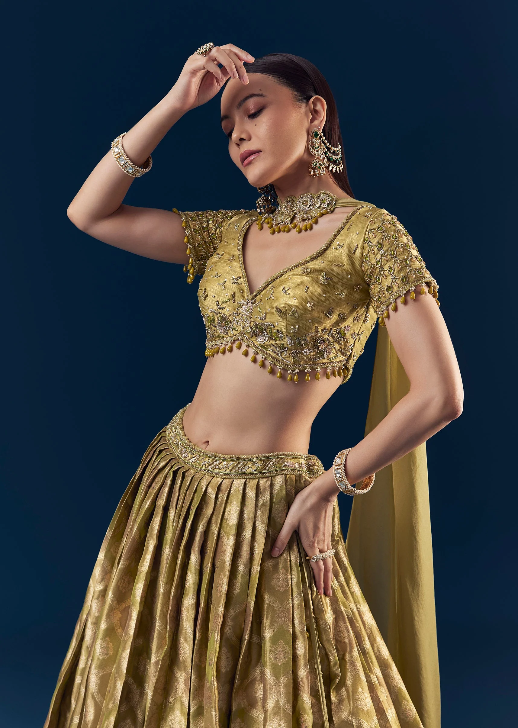 Green Hand Embroidered Banarasi Silk Bridesmaid Lehenga Set