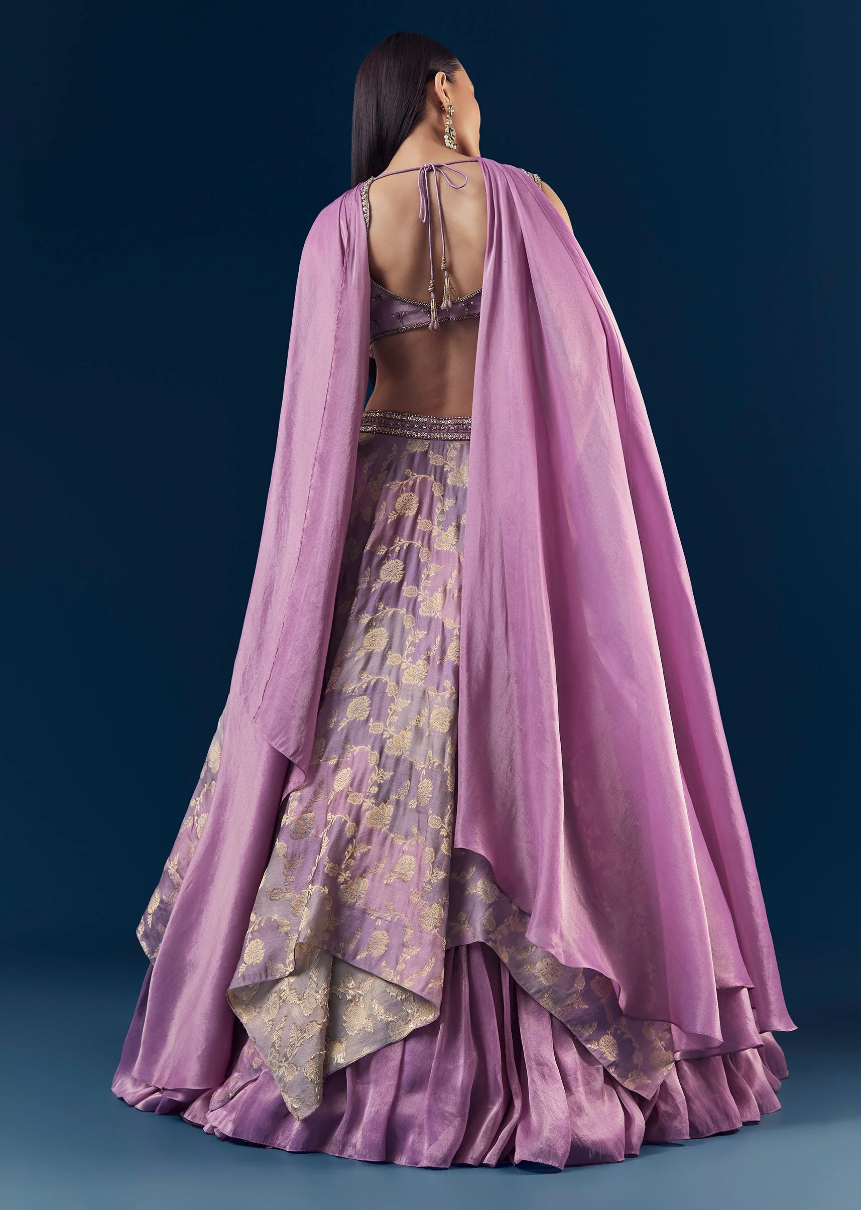 Purple Hand Embroidered Tissue Banarasi Silk Bridesmaid Lehenga Set