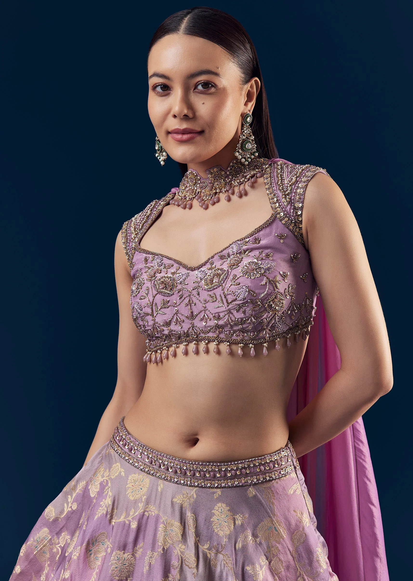 Purple Hand Embroidered Tissue Banarasi Silk Bridesmaid Lehenga Set