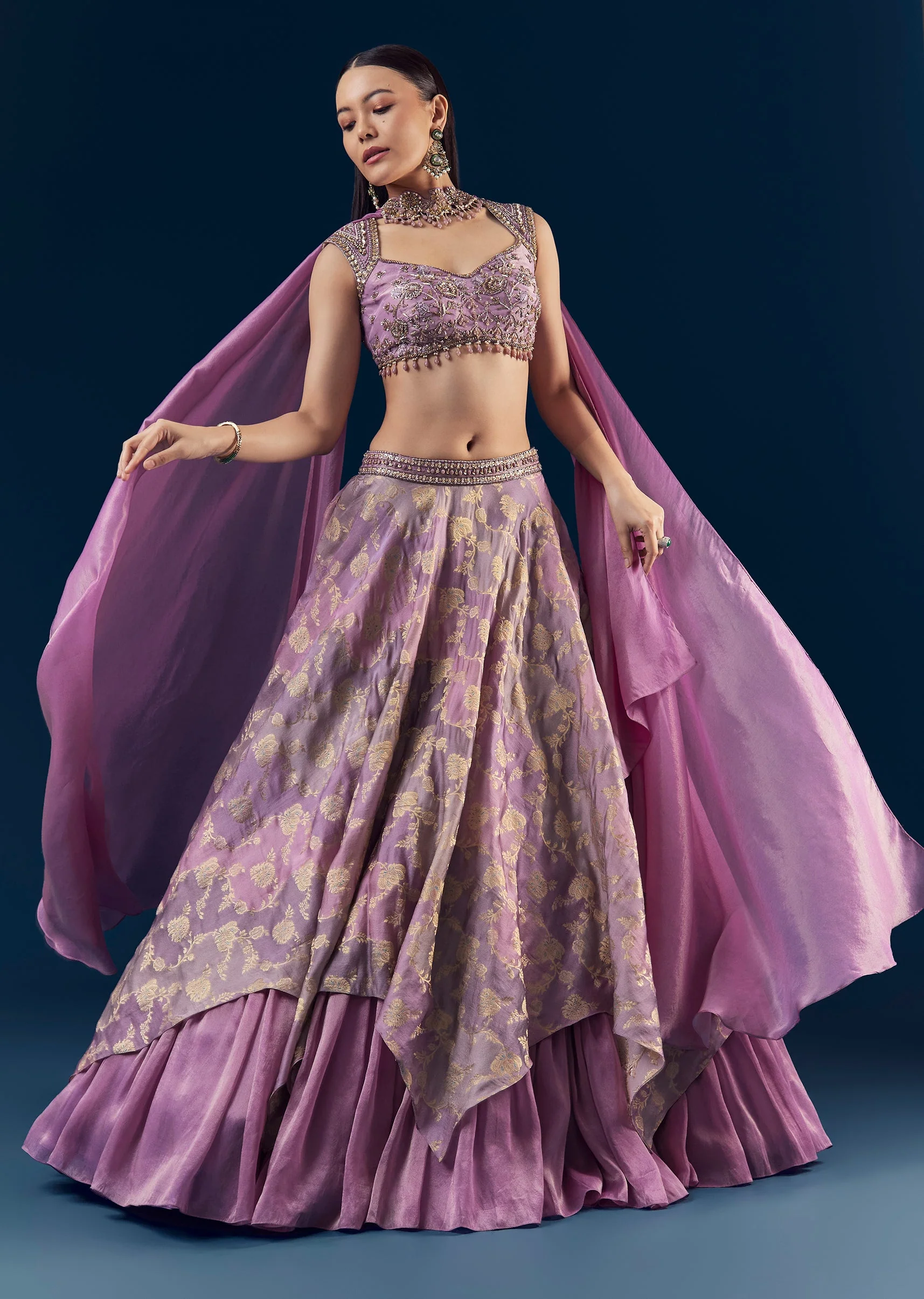 Purple Hand Embroidered Tissue Banarasi Silk Bridesmaid Lehenga Set