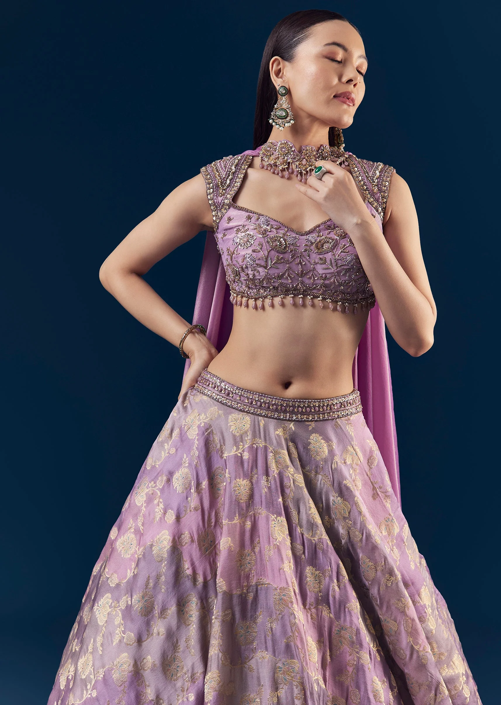 Purple Hand Embroidered Tissue Banarasi Silk Bridesmaid Lehenga Set