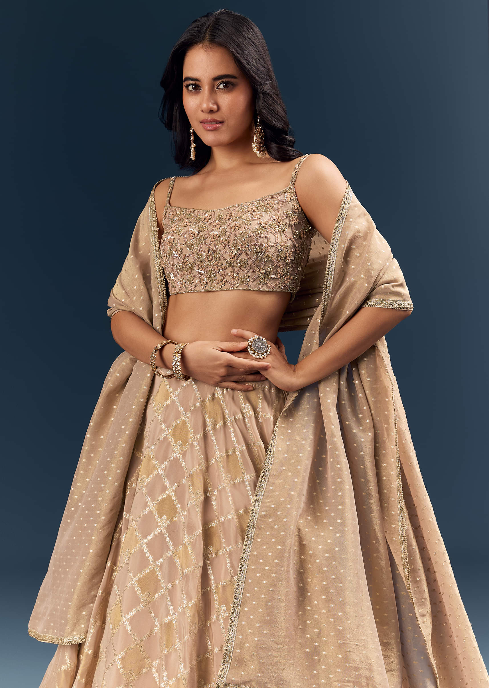 Copper Banarasi Silk Bridesmaid Lehenga With Heavy Hand Embroidery