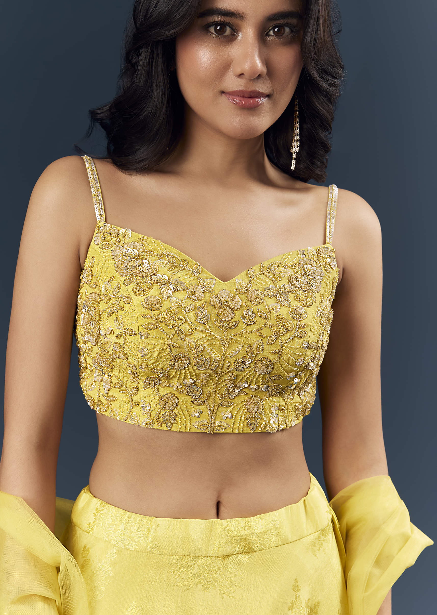 Lemon Yellow Banarasi Silk Bridesmaid Lehenga With Heavy Hand Embroidery
