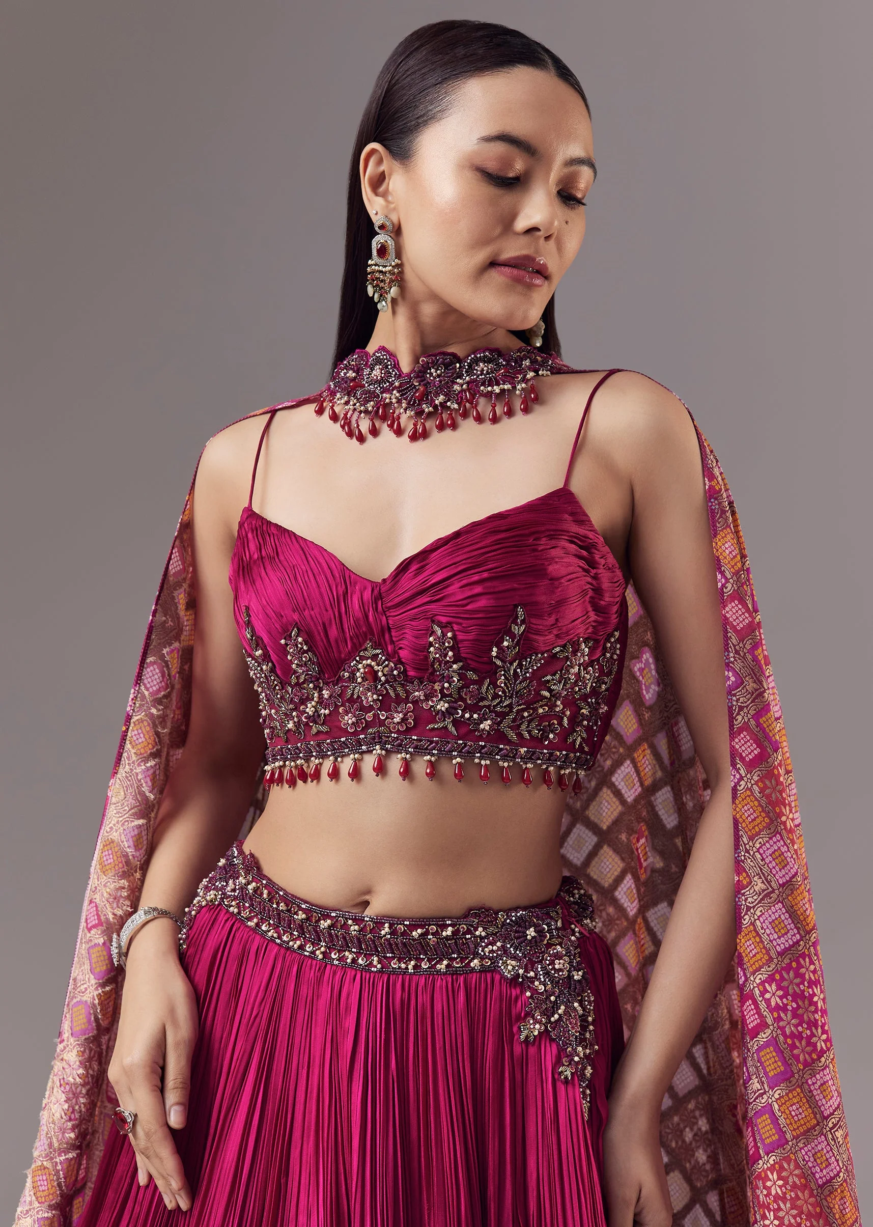 Pink Bridesmaid Lehenga Set with Ruched and Tassel Detail