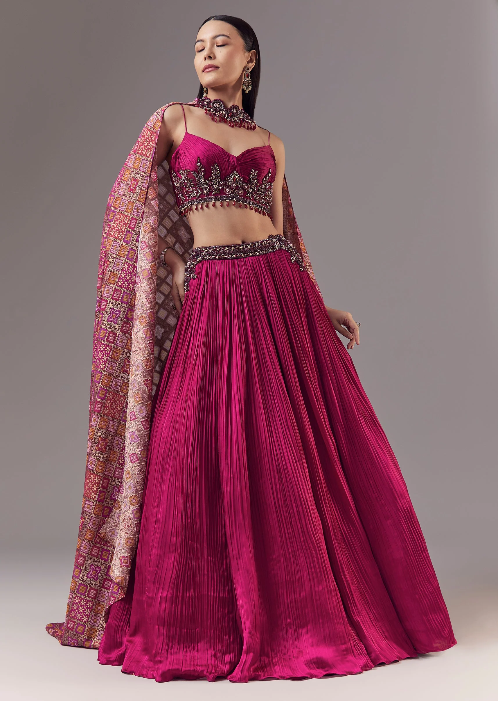 Pink Bridesmaid Lehenga Set with Ruched and Tassel Detail