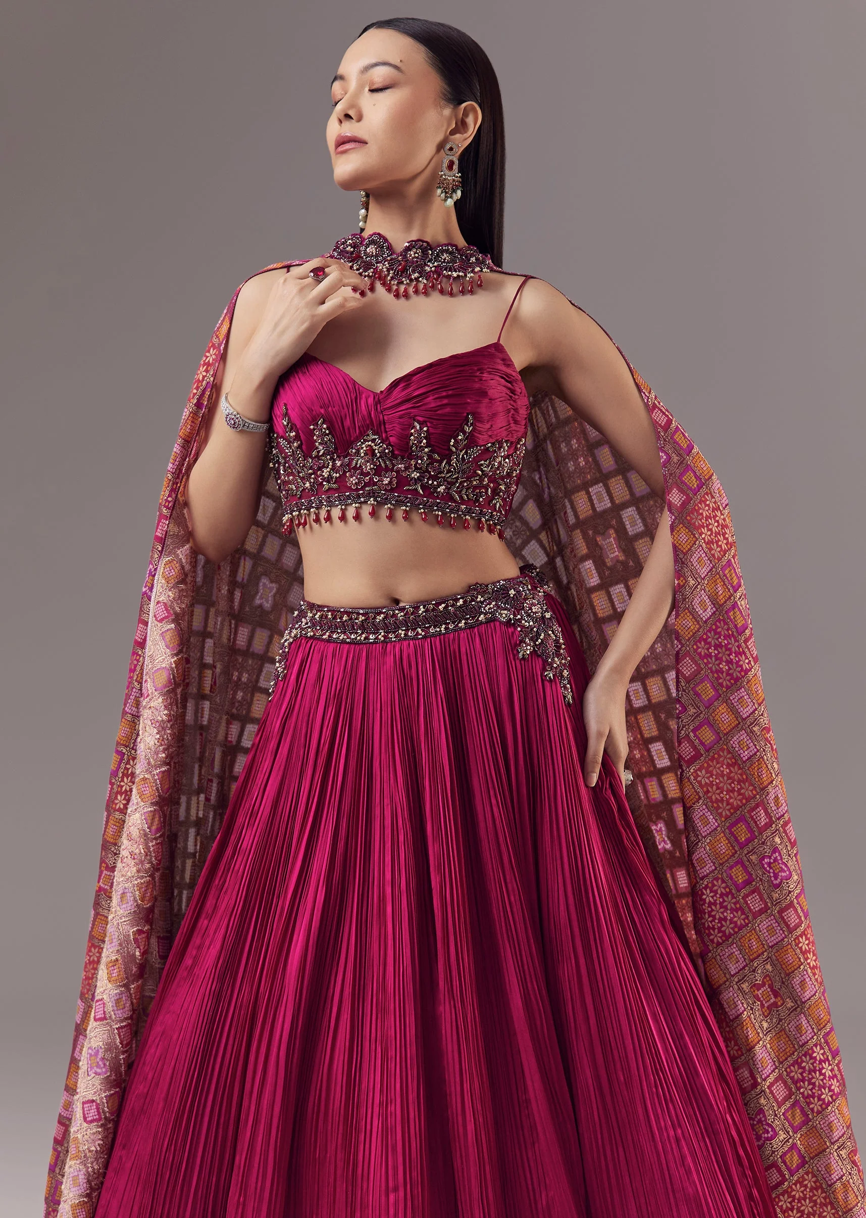 Pink Bridesmaid Lehenga Set with Ruched and Tassel Detail