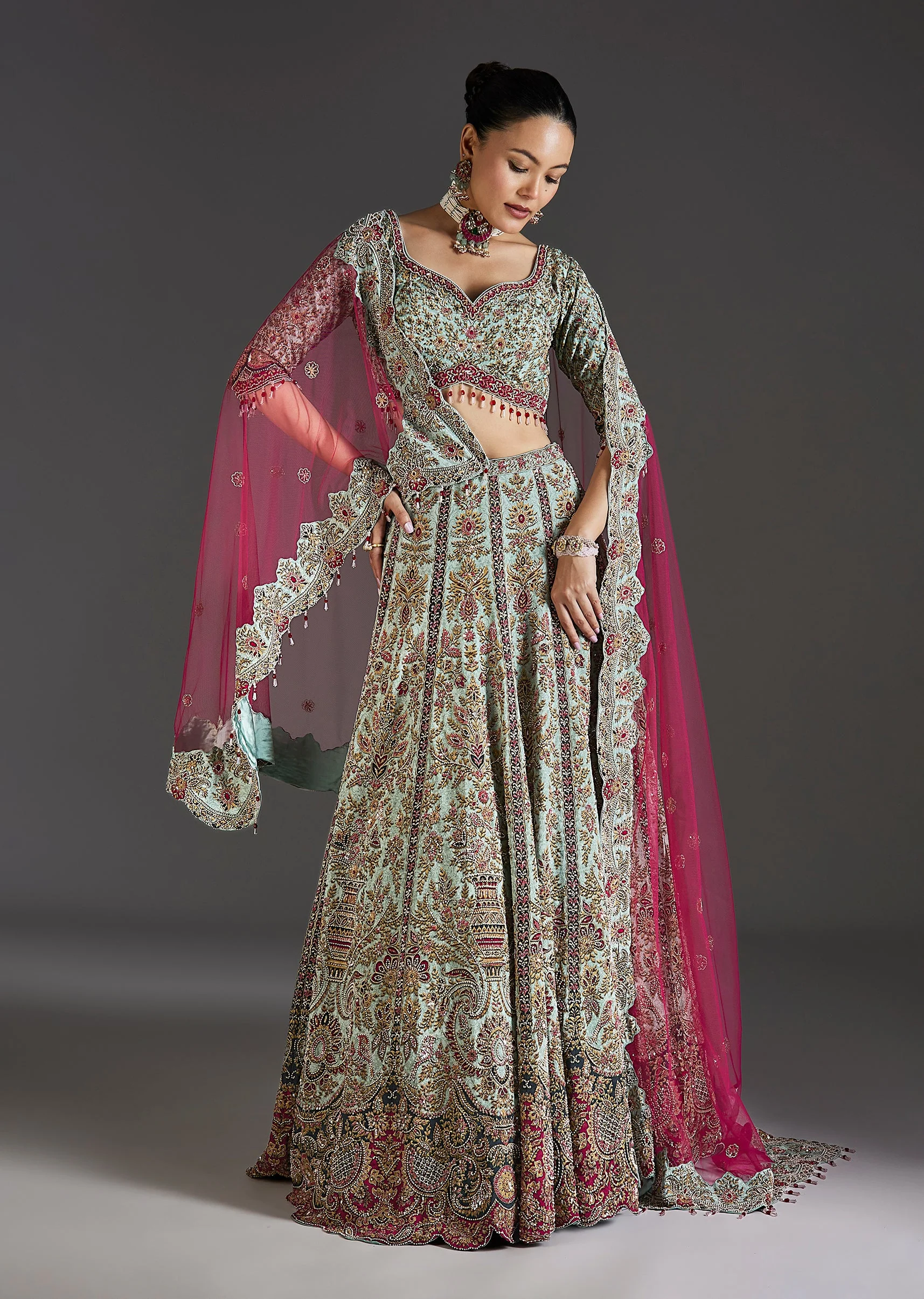 2235-green-floral-lehenga-with-soft-shimmer-1.webp Green Floral Lehenga With Soft Shimmer