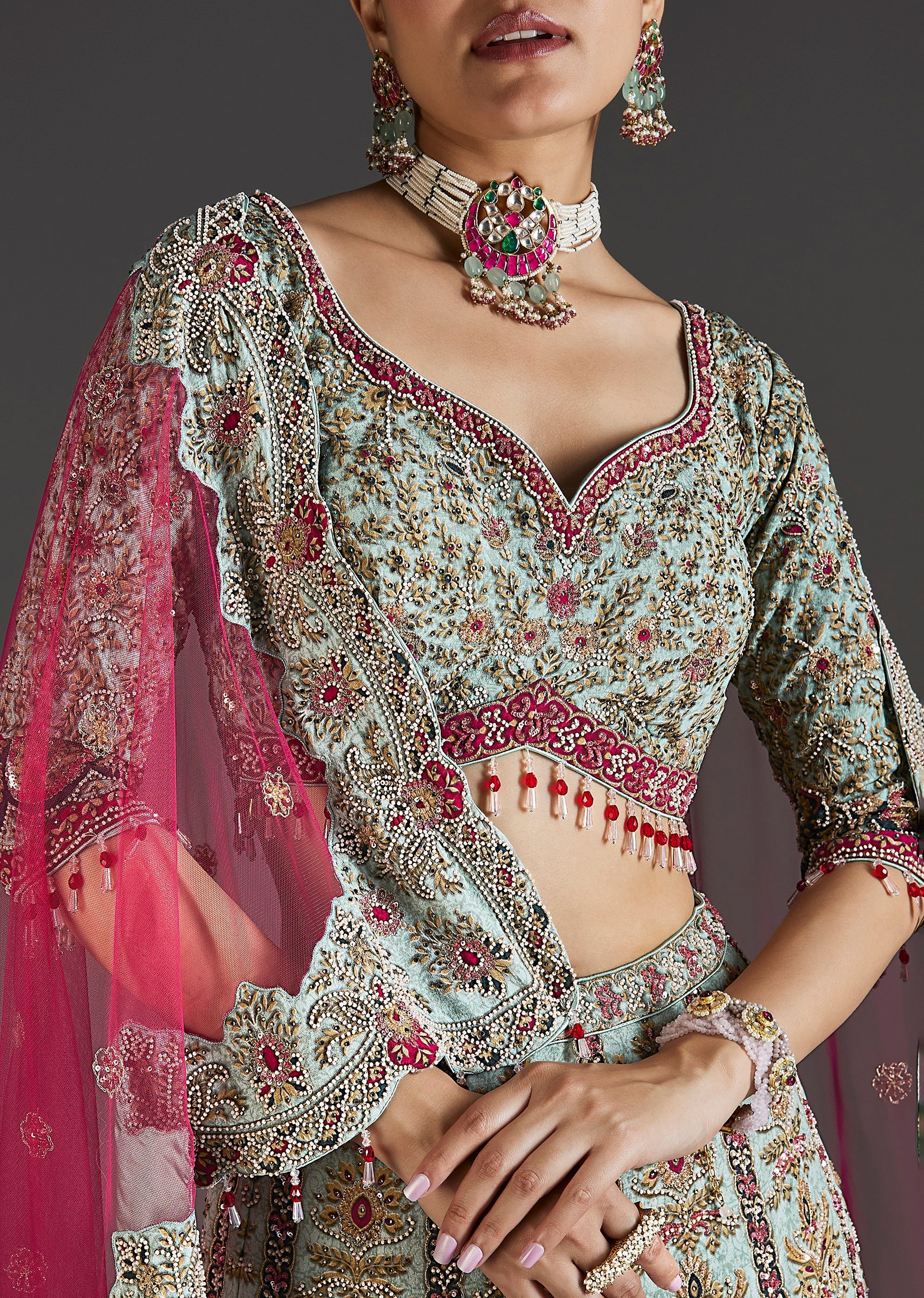 Green Floral Lehenga With Soft Shimmer
