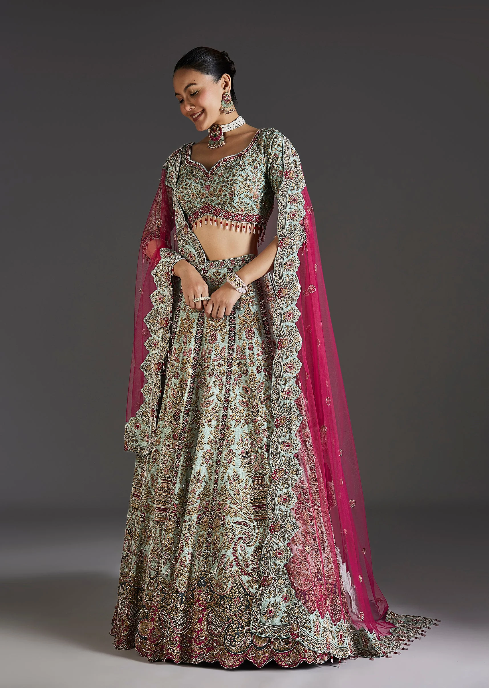 Green Floral Lehenga With Soft Shimmer