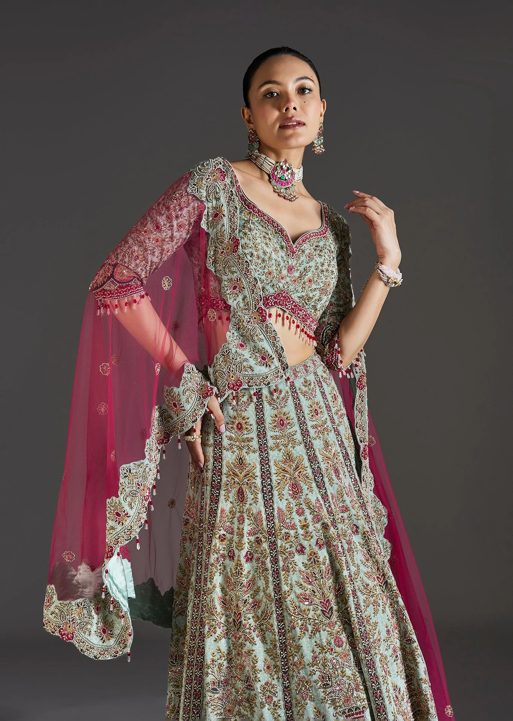 Green Floral Lehenga With Soft Shimmer