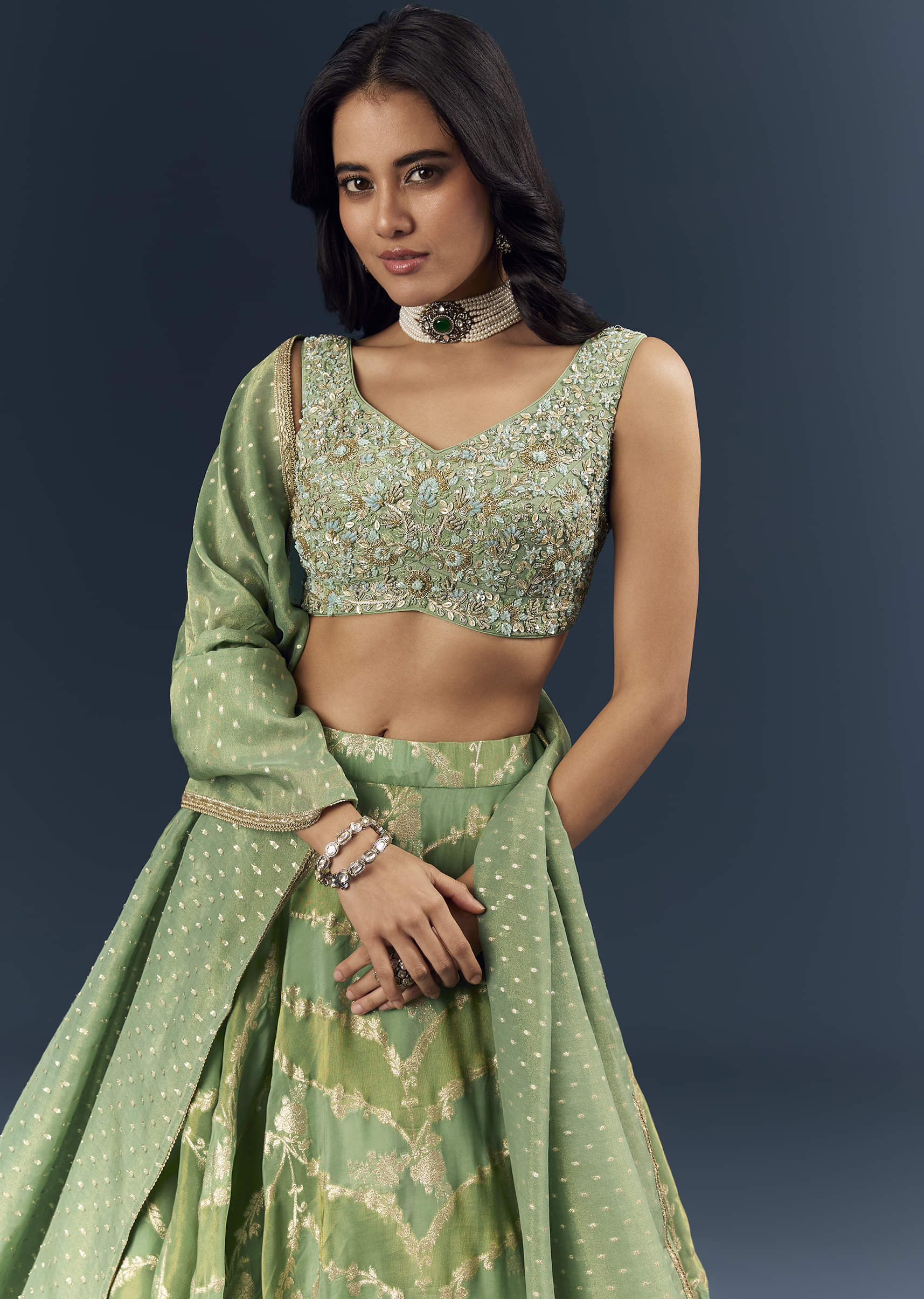 Spa Green Banarasi Silk Bridesmaid Lehenga With Heavy Hand Embroidery