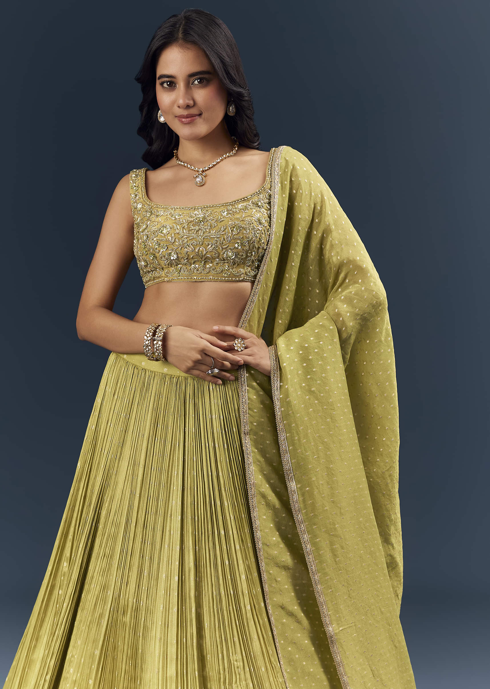 Citrus Green Banarasi Silk Bridesmaid Lehenga With Delicate Hand Embroidery