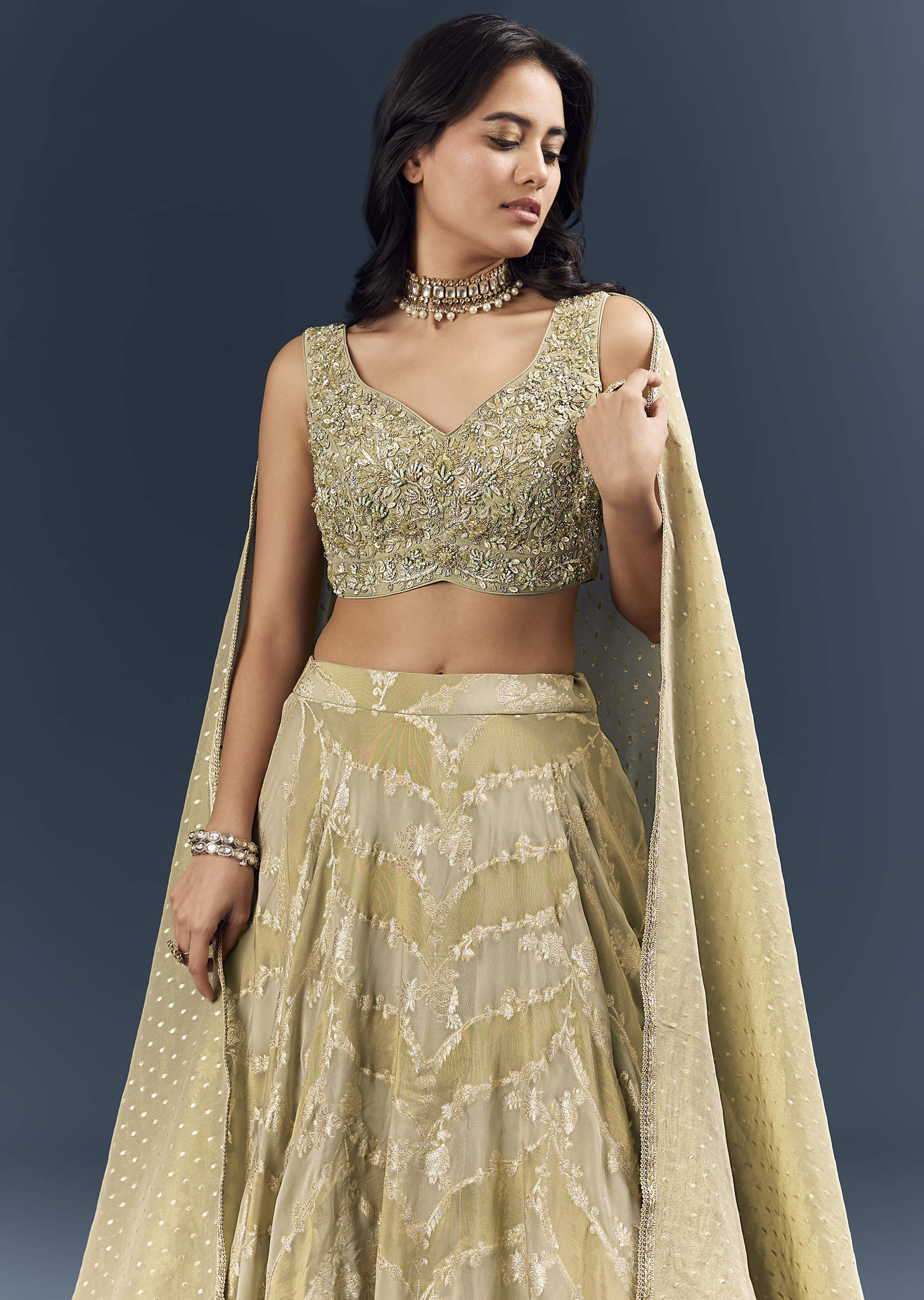 Cream Banarasi Silk Bridesmaid Lehenga With Heavy Hand Embroidery