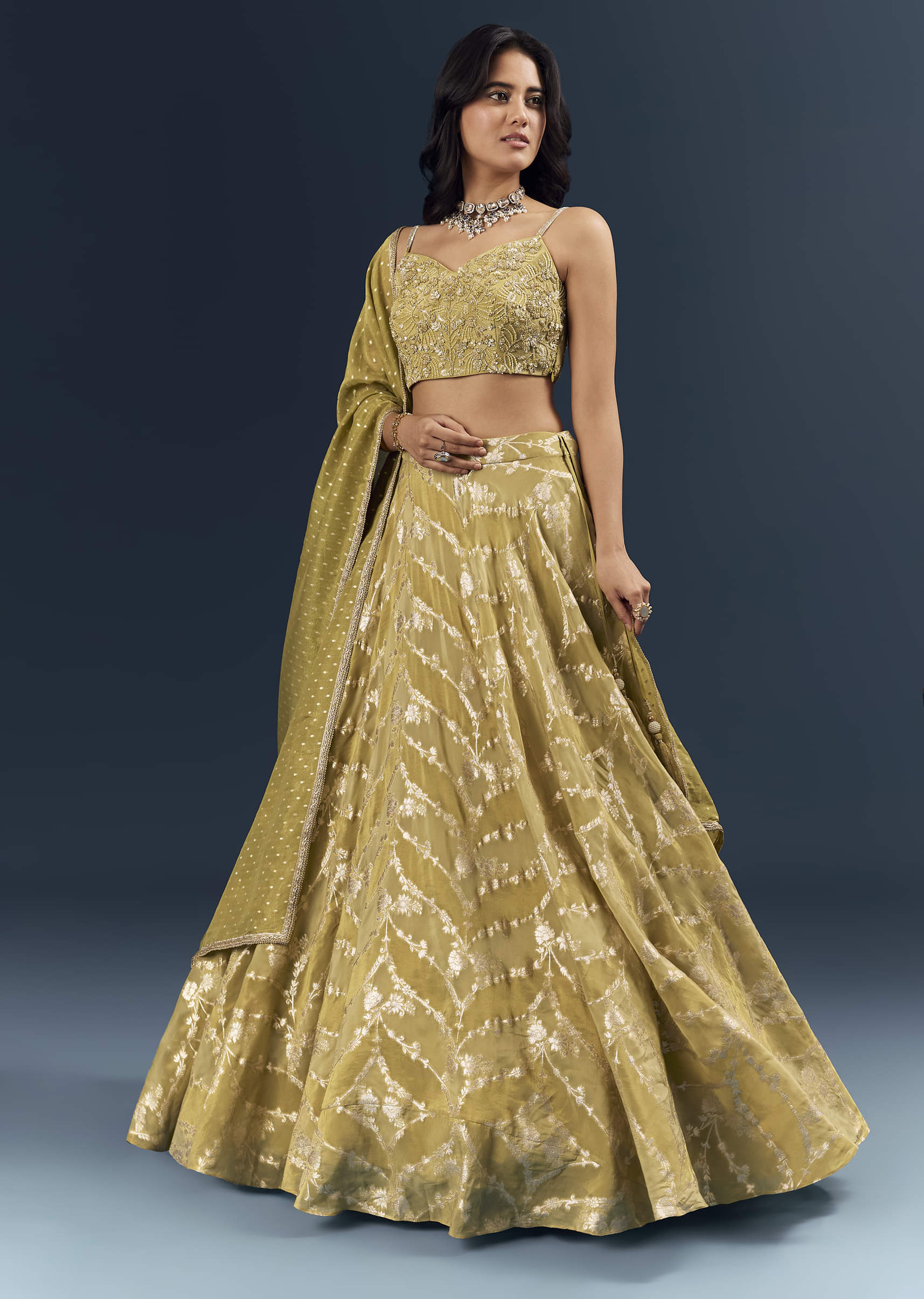 Citrus Green Banarasi Silk Bridesmaid Lehenga With Heavy Hand Embroidery