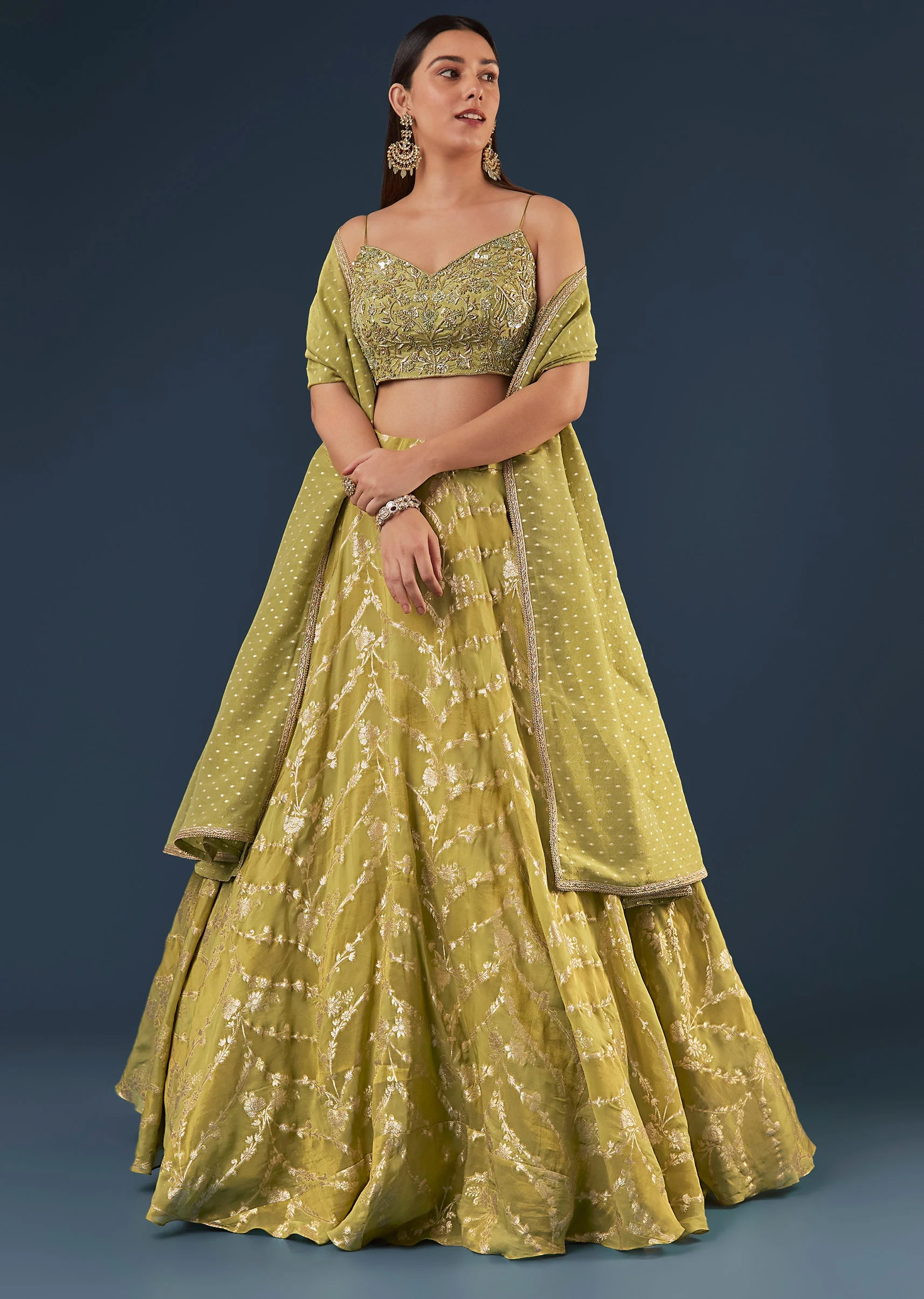 Pista Green Banarasi Silk Lehenga Set With Sequin Bead Detailing