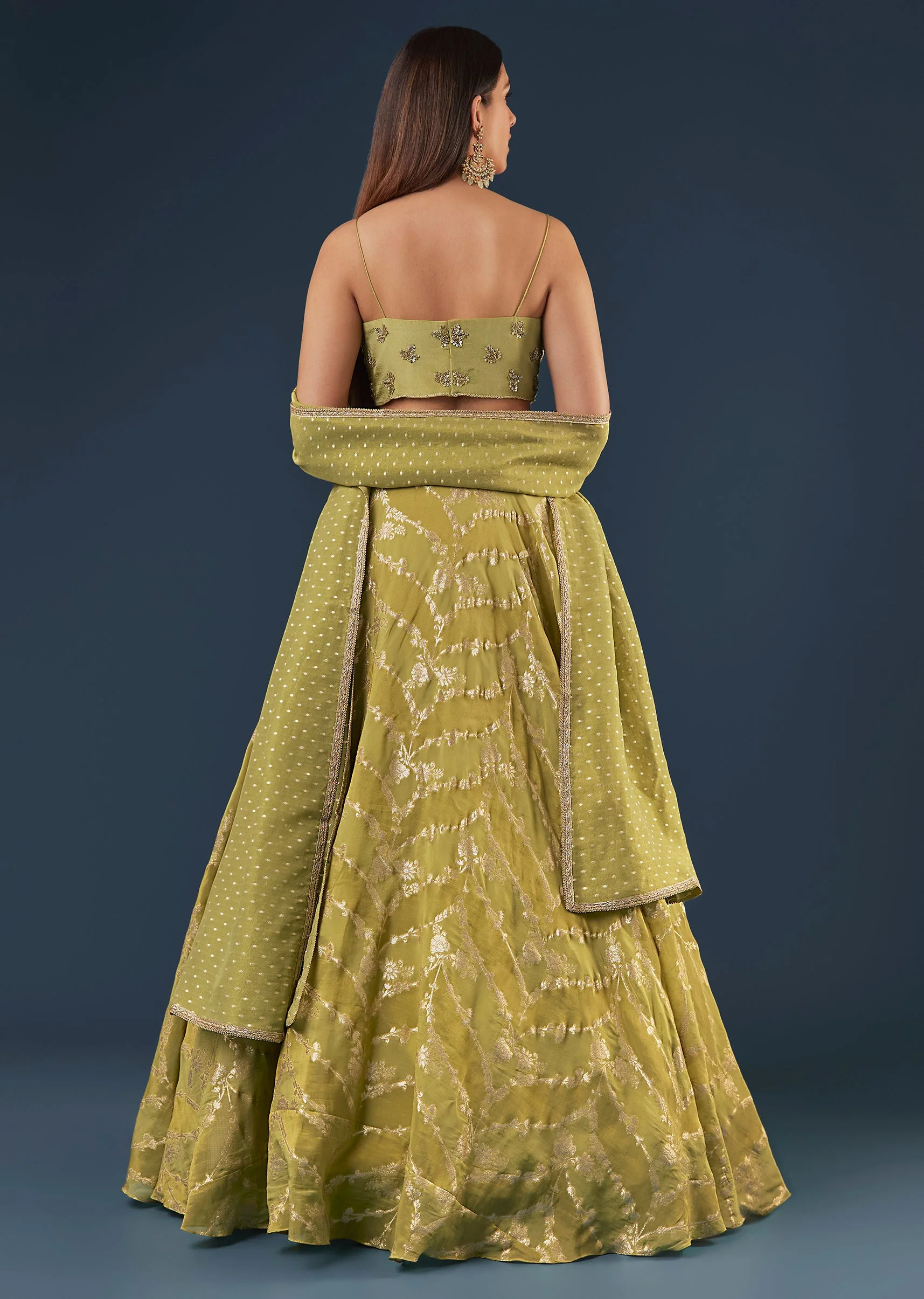 Pista Green Banarasi Silk Lehenga Set With Sequin Bead Detailing