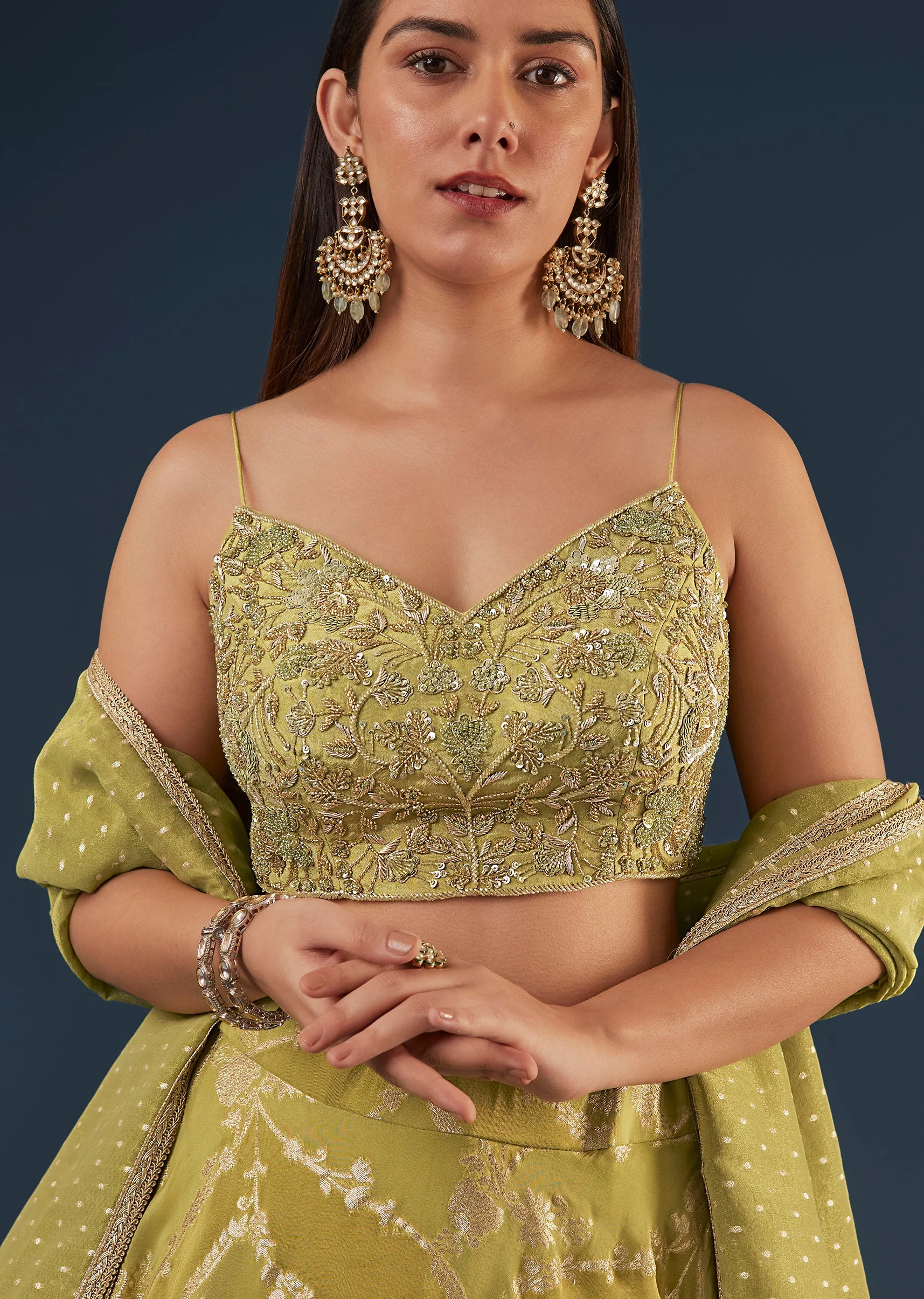 Pista Green Banarasi Silk Lehenga Set With Sequin Bead Detailing
