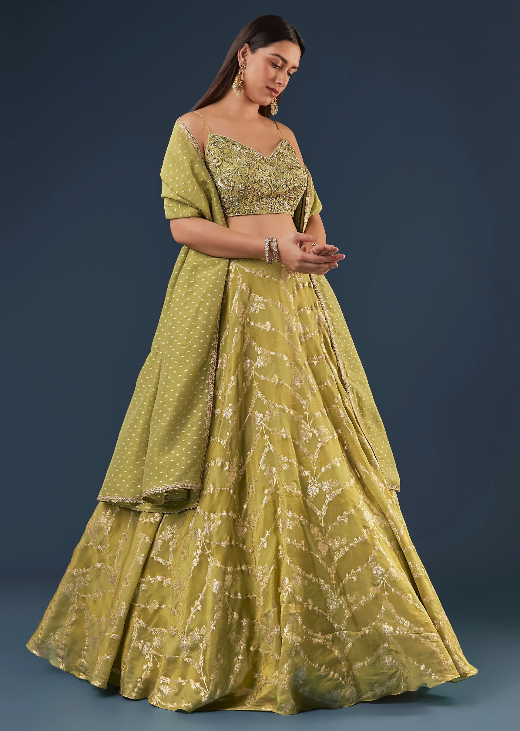 Pista Green Banarasi Silk Lehenga Set With Sequin Bead Detailing