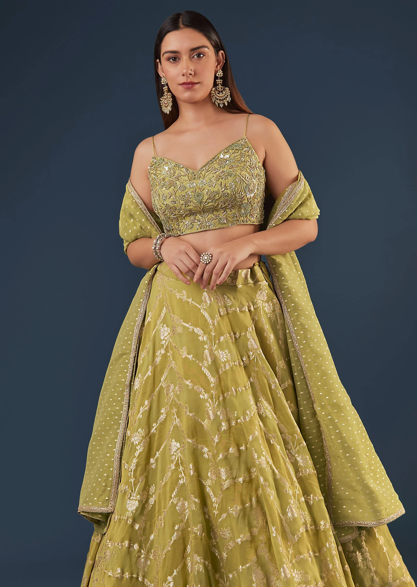 Pista Green Banarasi Silk Lehenga Set With Sequin Bead Detailing