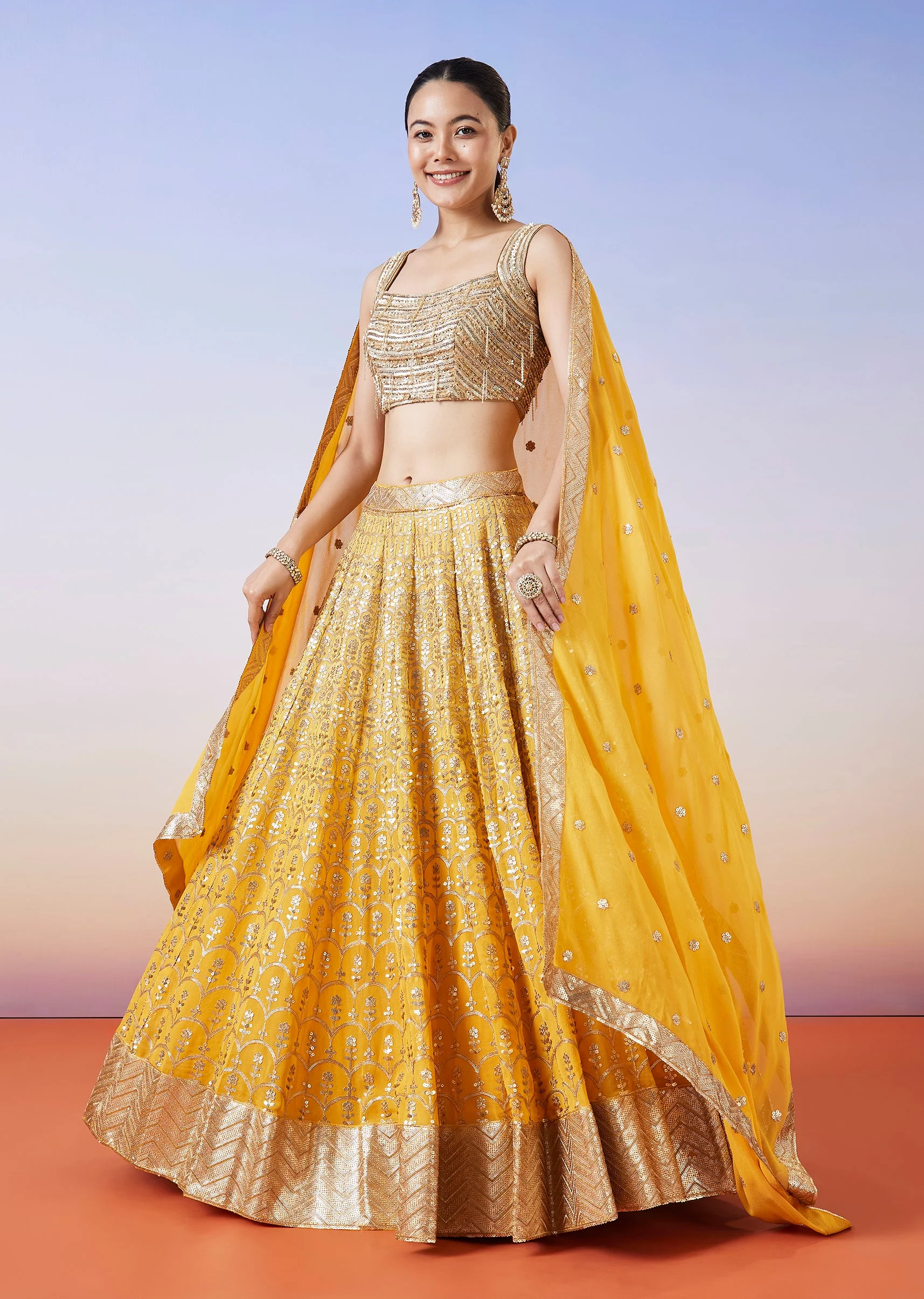 Yellow Ombre Embroidered Lehenga With Dupatta