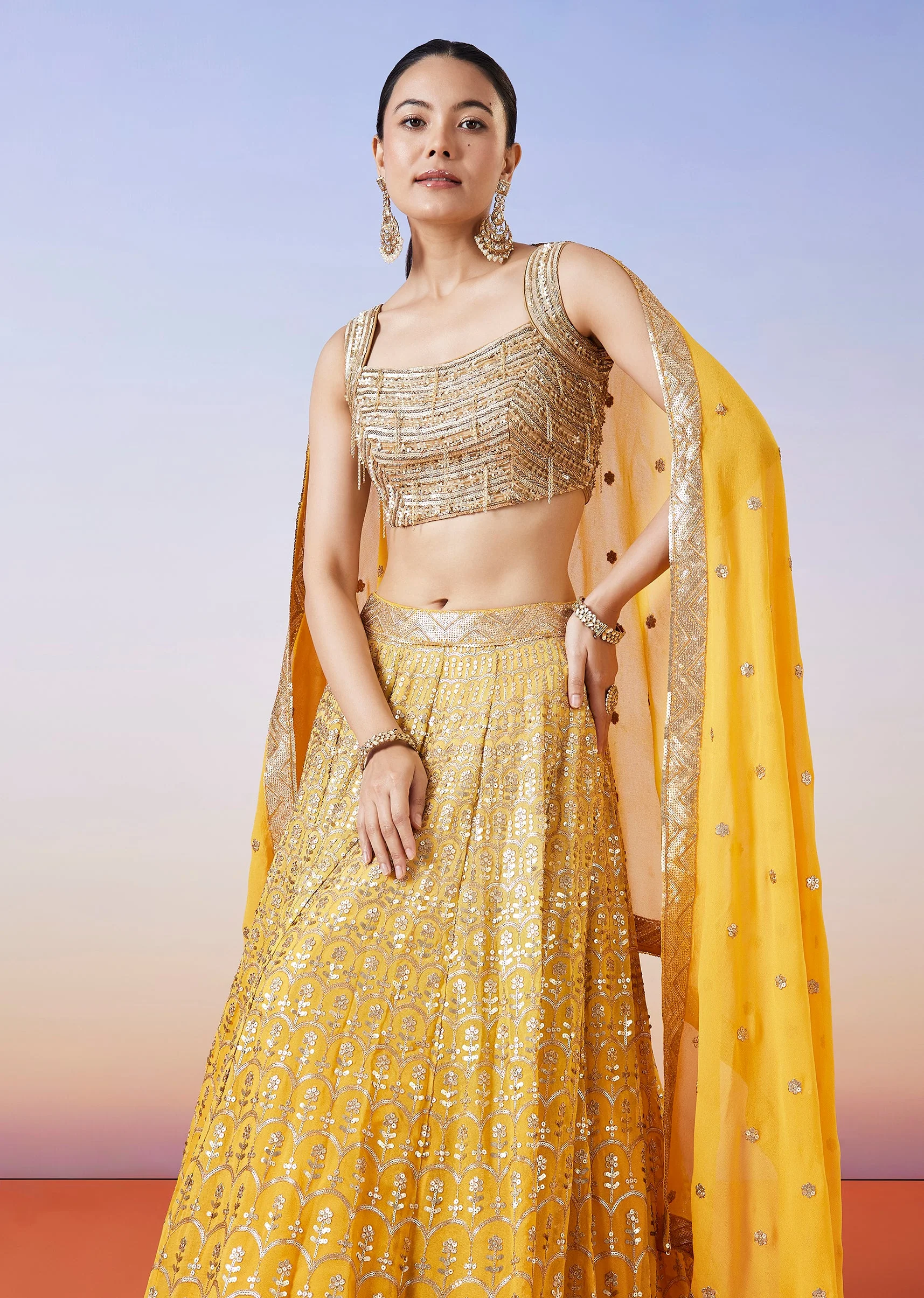 Yellow Ombre Embroidered Lehenga With Dupatta