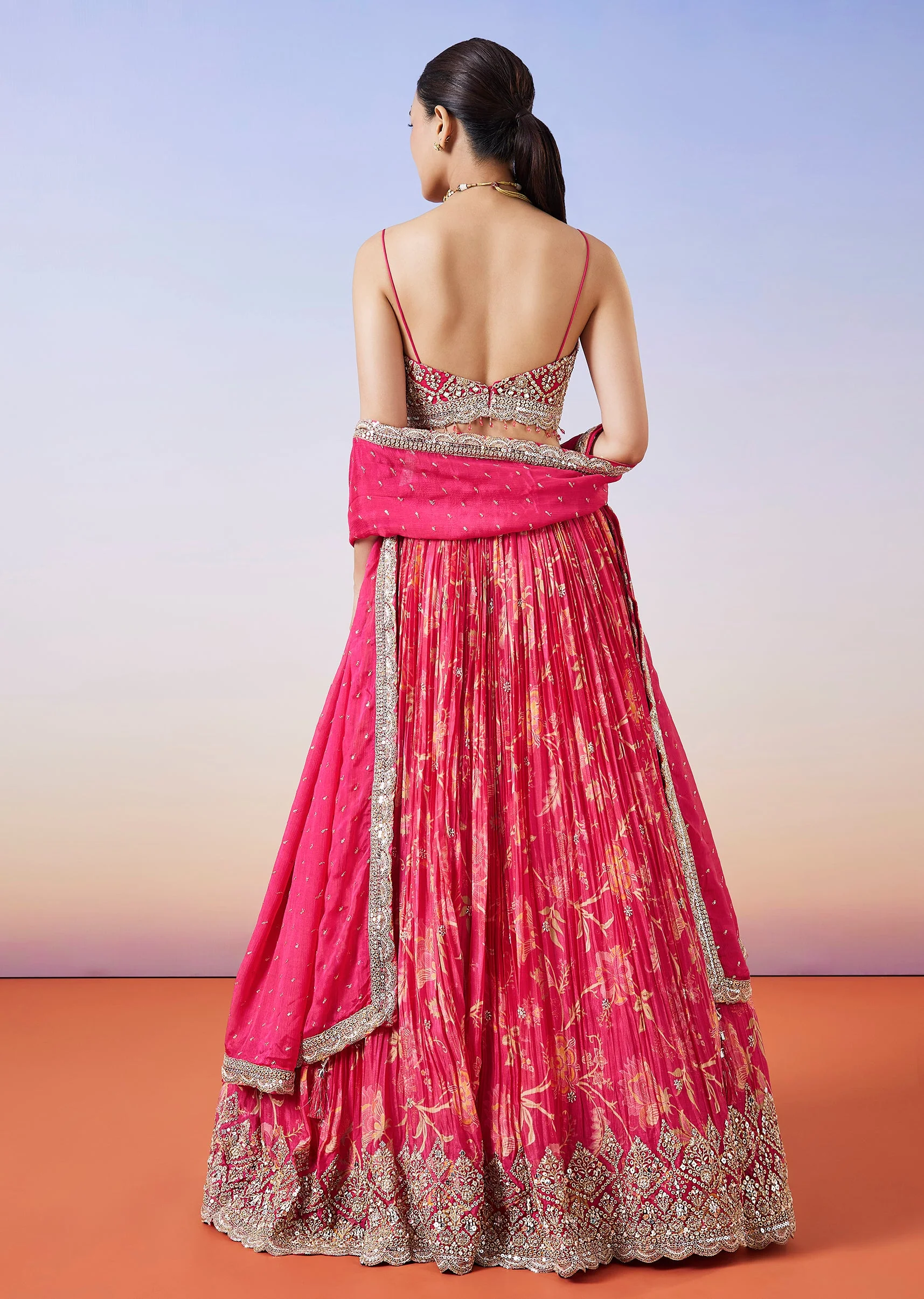 Pink Floral Printed Lehenga With Dupatta