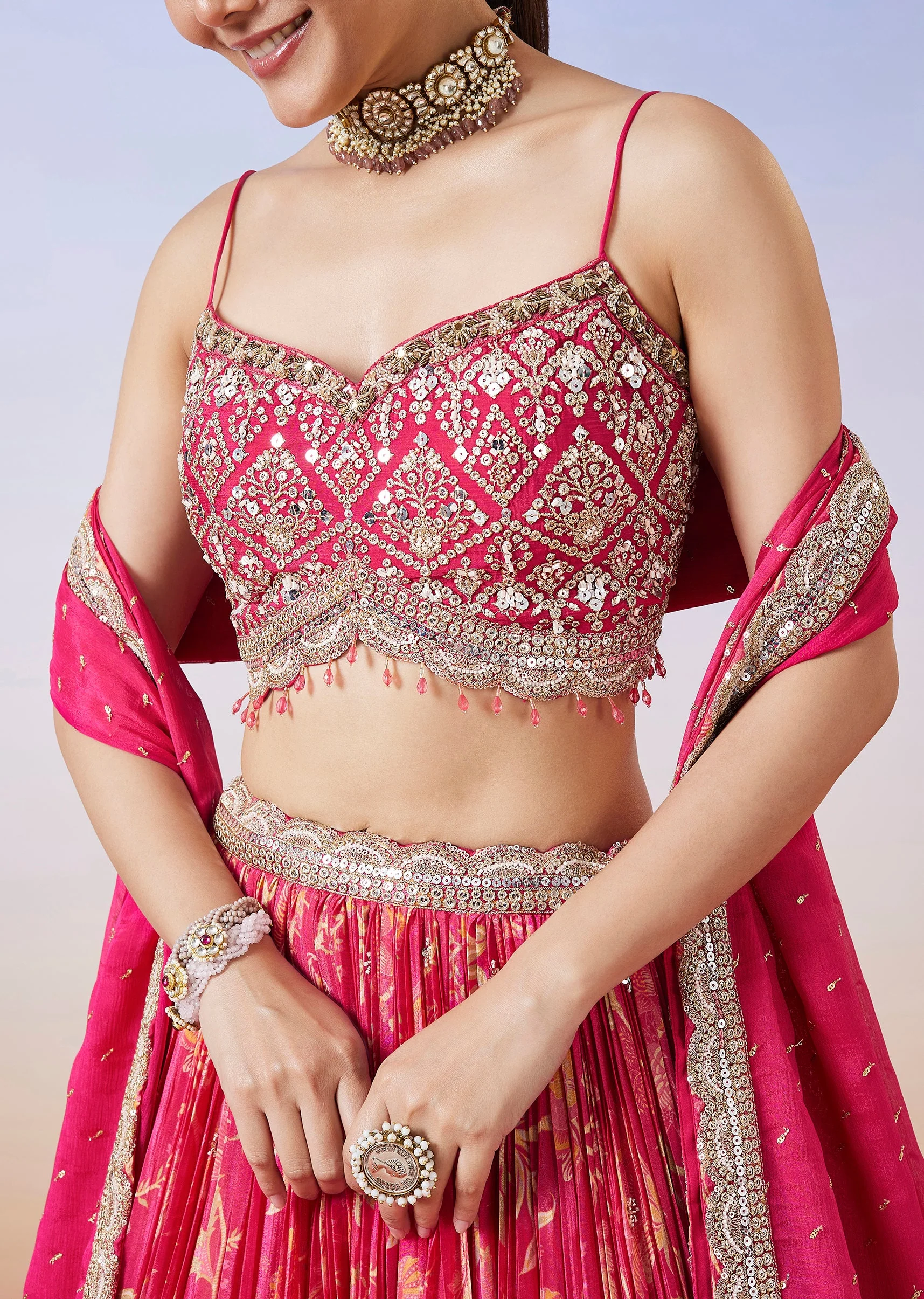 Pink Floral Printed Lehenga With Dupatta
