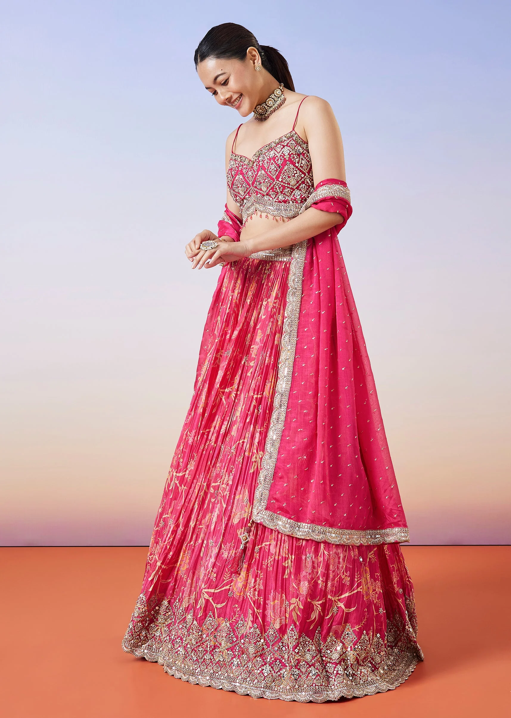 Pink Floral Printed Lehenga With Dupatta