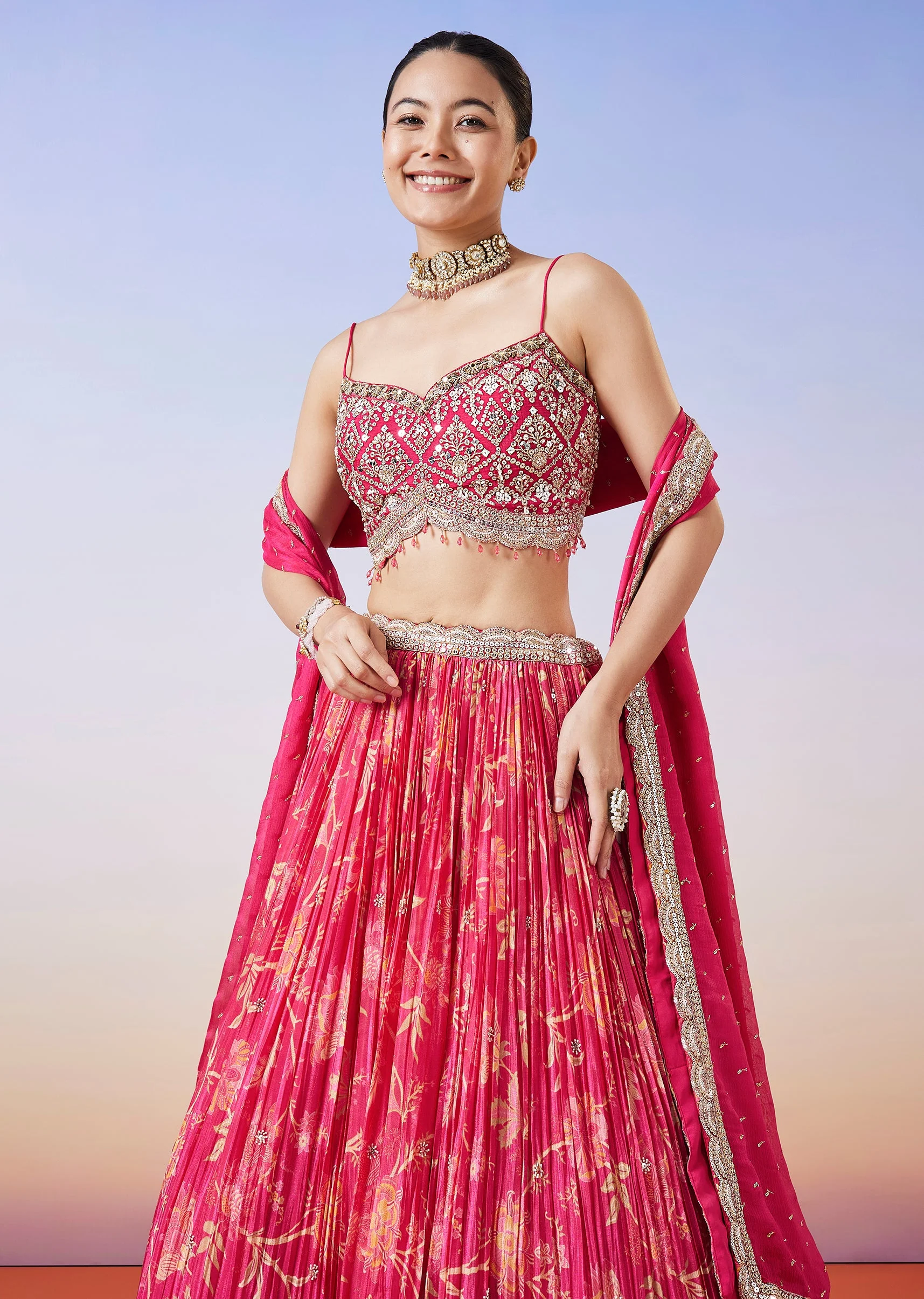 Pink Floral Printed Lehenga With Dupatta