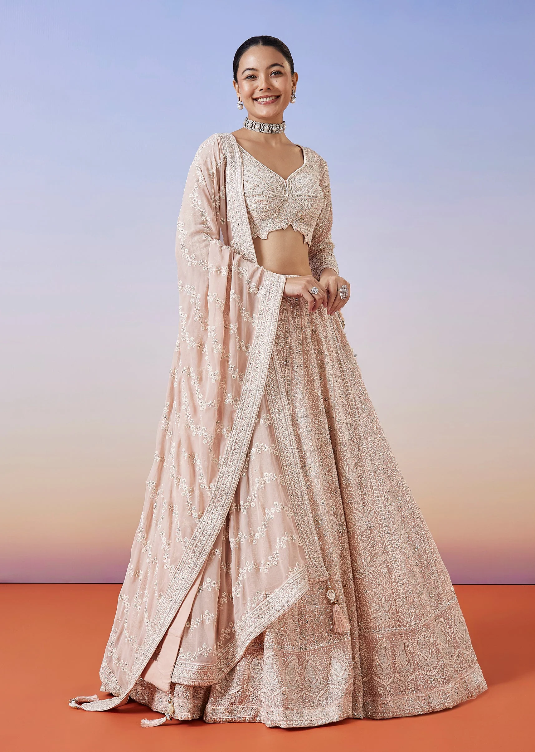 Baby Pink Lucknowi Chikankari Lehenga With Dupatta