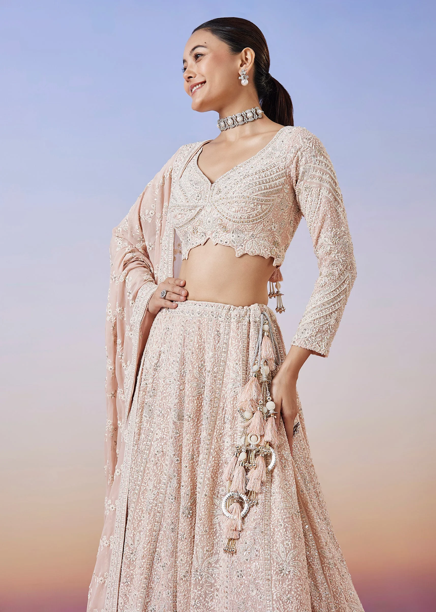 Baby Pink Lucknowi Chikankari Lehenga With Dupatta