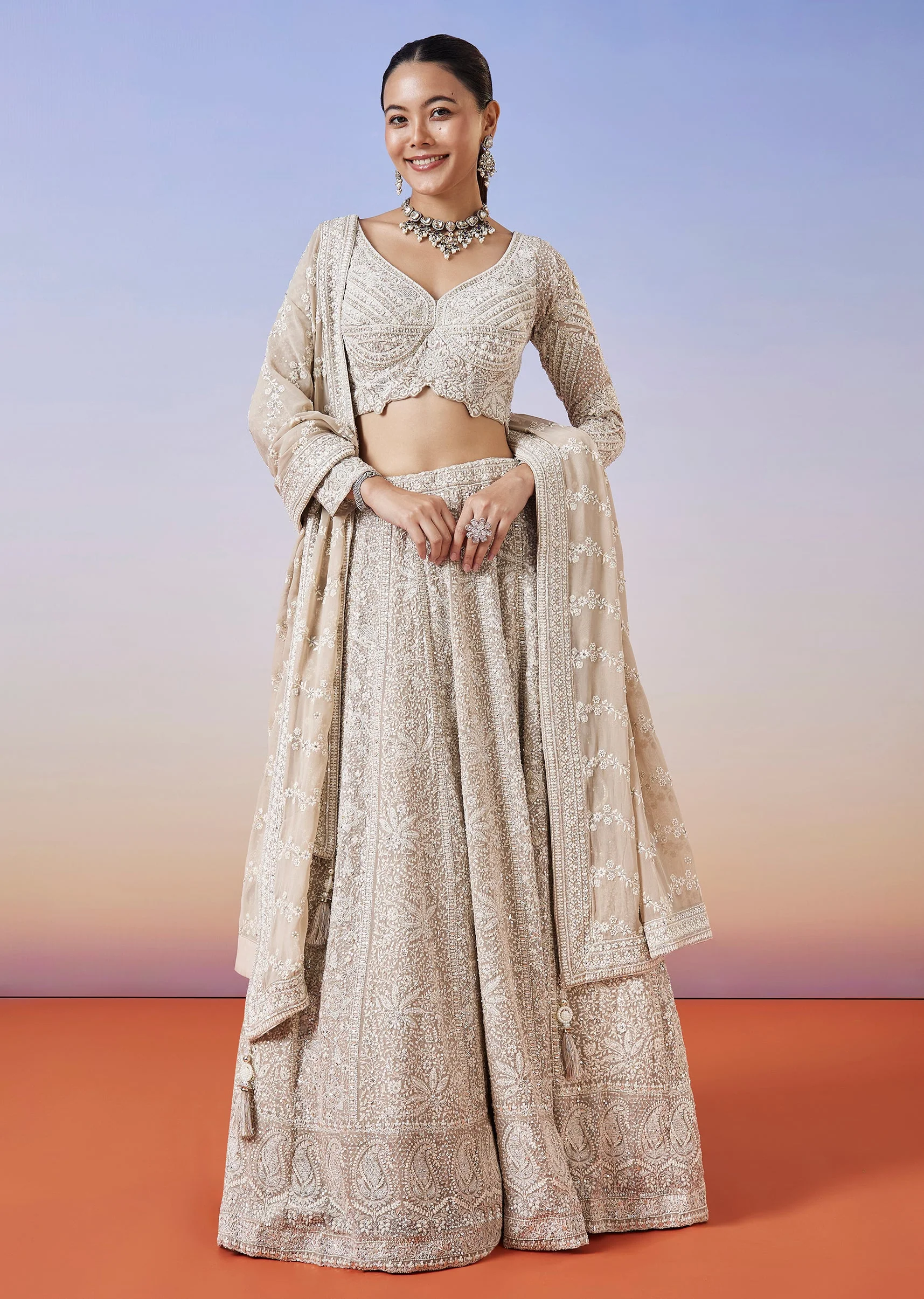 2297-beige-lucknowi-chikankari-lehenga-with-dupatta-1.webp Beige Lucknowi Chikankari Lehenga With Dupatta
