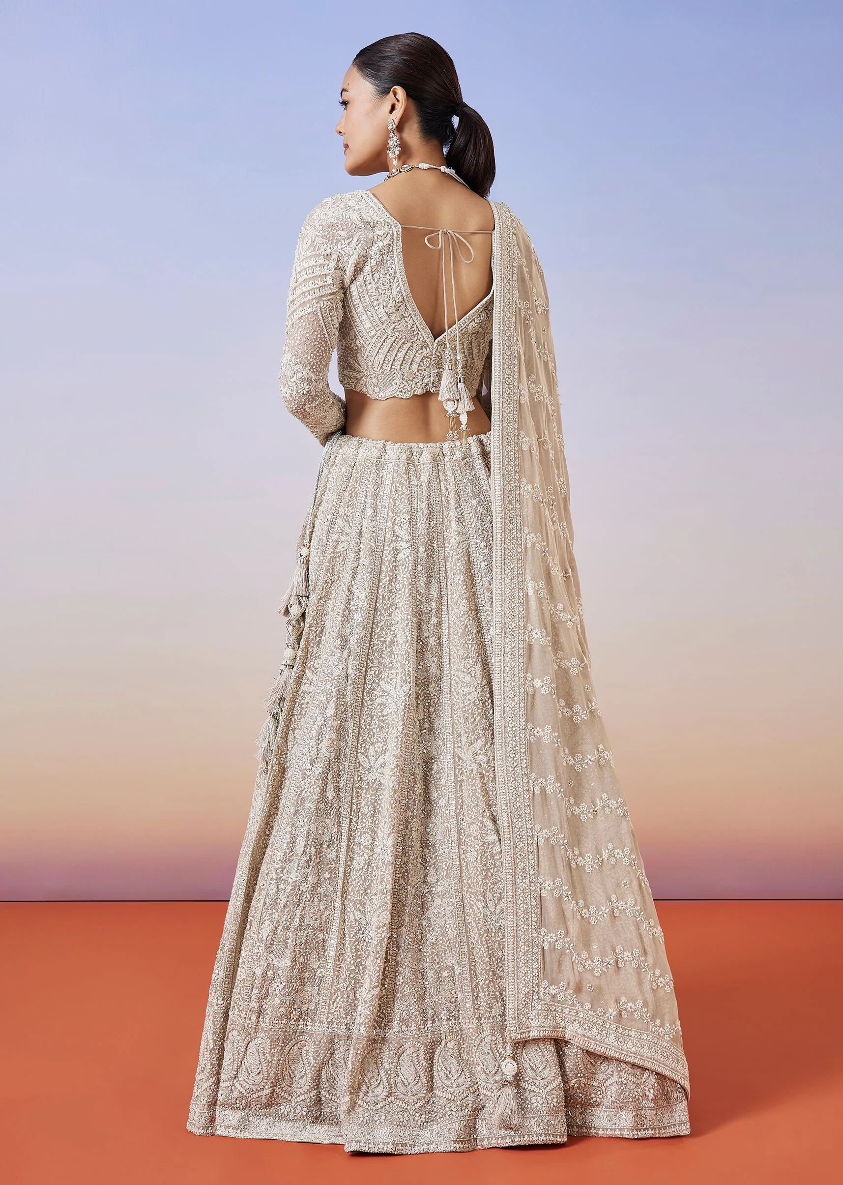 Beige Lucknowi Chikankari Lehenga With Dupatta