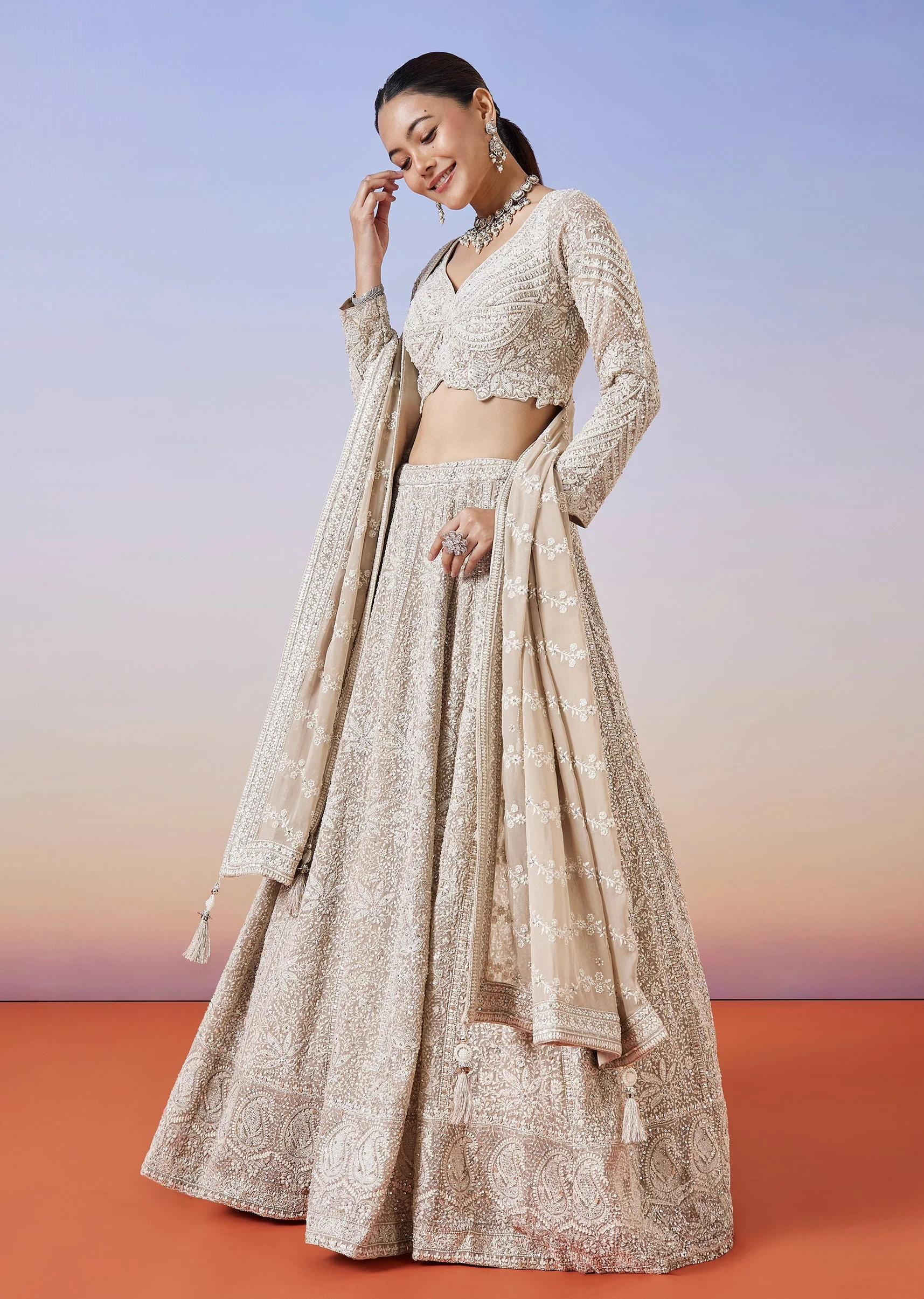 Beige Lucknowi Chikankari Lehenga With Dupatta
