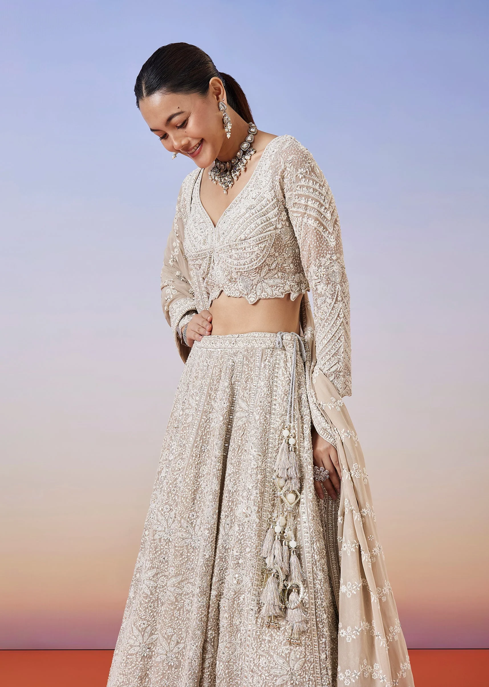 Beige Lucknowi Chikankari Lehenga With Dupatta