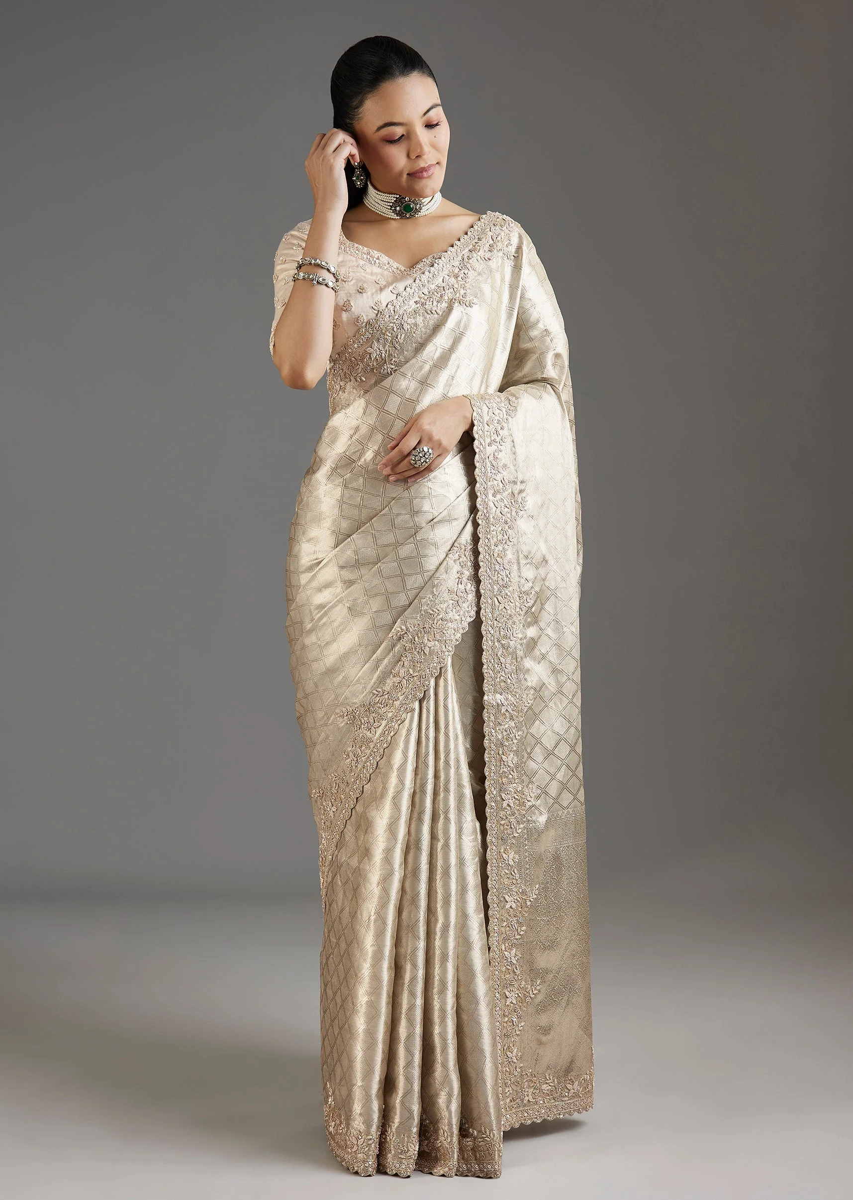 Ivory Gold Tissue Saree With Embroidered Blouse