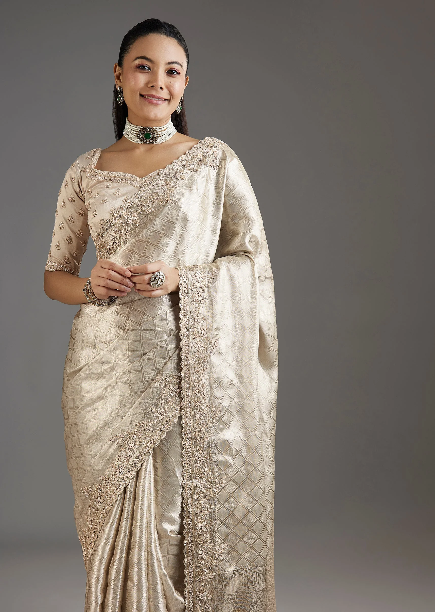 Ivory Gold Tissue Saree With Embroidered Blouse